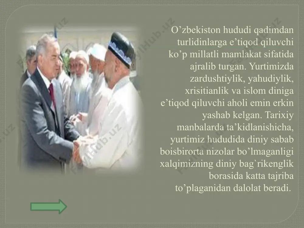 nda nasroniylikning uch yirik yo’nalishi pravoslav, katolik va protestantlik yo’nalishlariga oid diniy tashkilotlar mavjud. shuningdek, nasroniylikda o’z yo’nalishiga ega bo’lgan arman apostollik cherkovi ham faoliyat ko’rsatmoqda. o’zbekistonda tom ma’noda diniy bag`rikenglikning yuksak an’analariga amal qilinayotgani jahon xamjamiyati tomonidan e’tirof etilmoqda. etnik jihatiga ko’ra dinlar tasnifi milliy dinlar yahudiylik hinduiylik jahon dinlari islom totemizm konfutsiylik sinkxiylik jaynizm urug’ qabila dinlari sintoiylik daosizm animizm fetishizm magiya shomonizm xristianlik buddaviylik prezidentimiz ta’biri bilan aytganda, “bugun mana shunday xavfli – tahlikali, o’ta notinch bir davrda jahon moliyaviy inqirozi hali – beri davom etayotgan bir paytda el-yurtimiz nimaiki natijalarni qo’lga kiritmasin, bularning barchasi yurtimizda tobora mustahkam bo’lib borayotgan tinchlik va osudalik, millatlar, dinlar va fuqarolararo totuvlik va ahillik, bir – birimizga hurmat va ehtirom hisobidan desak, o’ylaymanki, hech qanday xato bo’lmaydi”. darhaqiqat, har bir inson, jamiyat va millatlar bashariyatning turli tuman urf odatlari, madaniyati va qadriyatlarini tan olgan holda bag`rikenglik munosabatida bo’lishlari zarur. zero, bu …