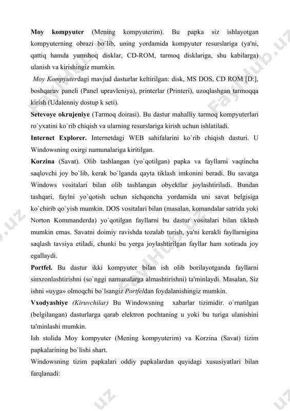 – tizim papkalarini yo`qotish mumkin emas; – korzina (savat) papkasining nomini o`zgartirib bo`lmaydi (lekin kompyuteringizga norton utilities komplektini o`rnatgan bo`lsangiz buni bajarish mumkin); – ba'zi tizim papkalarining kontekst menysida o`ziga xos buyrug`lar mavjud. masalalar paneli ish stolining oxirgi satri panel zadach (masalalar paneli) deb ataladi va unda ishlayotgan masalalar aks ettiriladi (7.3-rasm). birorta dastur ishga tushirilishi bilan masalalar panelida uning nomi yozilgan tugma paydo bo`ladi. tugmaning nomi ikki qismdan iborat bo`ladi: dastur nomi va shu dastur yordamida tahrirlanayotgan hujjat nomi. nom oldida dasturning piktogrammasi aks ettiriladi. masalalar panelining chap burchagida pusk tugmasi joylashgan. bu tugma windows os ning bosh menysiga kirishni ta'minlaydi. agar sichqoncha ko`rsatgichini shu tugma ustiga joylashtirsak, nachnite rabotu s najatiya etoy knopki (ishni shu tugmani bosishdan boshlang) degan yozuv paydo bo`ladi. bundan tashqari, masalalalr panelida rus, ingliz yoki boshqa alifboni, hamda vaqtni ko`rsatuvchi knopkalar (indikatorlar) mavjud. masalalar panelini faollashtirish masalalar panelini quyidagi usullar bilan faollashtirish mumkin: 1) …
