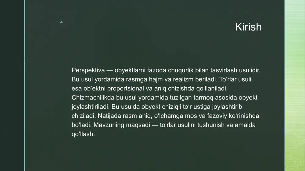 an to‘r chiziqlari yasaladi. gorizontal va vertikal chiziqlar bilan kvadratli to‘r tuziladi. kubning old tomon to‘rga mos joylashtiriladi. chuqurlik yo‘nalishi bo‘yicha qirralar chiziladi. har qirra to‘r chiziqlariga nisbatan o‘lchanadi. kubning perspektiv ko‘rinishi hosil bo‘ladi. z 🟩 7. ikkita yo‘nalish nuqtali to‘r ikkita nuqtali perspektiva murakkab shakllar uchun qo‘llaniladi. ufq chizig‘i chizilib, ikkita qarama-qarshi yo‘nalish nuqtasi belgilanadi. ob’ektning burchak qismi ko‘ruvchiga qaragan holatda chiziladi. har ikki nuqtadan chiziqlar tortiladi va to‘rlar yasaladi. har ikki yo‘nalishdagi qirralar nisbatan kichrayib boradi. bunday chizmalar real ko‘rinishga yaqin bo‘ladi. bu usul binolar, interyer chizmalari uchun keng ishlatiladi. z 🟩 8. xatoliklar va ehtiyot choralar to‘r chiziqlari noto‘g‘ri chizilsa, rasmda buzilish paydo bo‘ladi. chiziqlar teng bo‘lmasa, obyekt proporsiyasi o‘zgaradi. ko‘pincha yo‘nalish nuqtasi noto‘g‘ri tanlanadi. to‘r chizig‘i ortiqcha ko‘p yoki kam chizilishi mumkin. ob’ekt to‘rga mos tushmasa, bu ham xatolik hisoblanadi. chizmalarni o‘lchab va reja asosida chizish kerak. tajriba va mashq xatoliklarni kamaytiradi. z image4.jpeg image2.png image3.png …