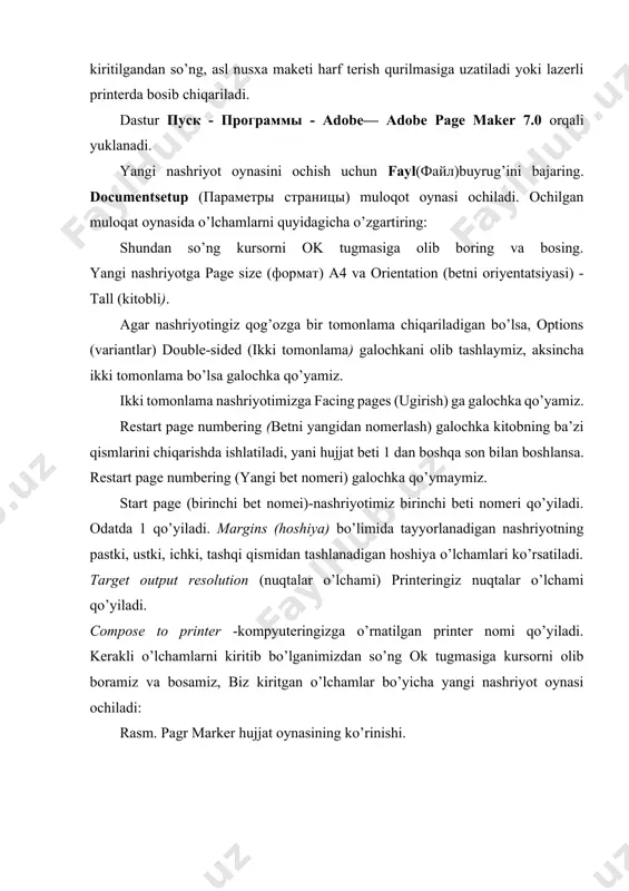 gr marker hujjat oynasining ko’rinishi. pagemakerdasturiningmenyularqatori page maker dasturining menyulari quyidagilar: файл (file), редактирование (edit), макет (layout), тектс (type), элемент (element), сервис (utilities), просмотр (viev), окно (window), помощь (help). bir paytda bir necha hashr oynasini ochish mumkin, bunday holda dastur asosiy oynasi doirasida har bir nashr uchun alohida oyna ochiladi. hujjat oynasi o’lchovlarini asosiy oyna kabi o’zgartirish mumkin. ochilgan hujjat oynalarini tartiblash uchun window (окнo) menyusida tile (мозаика) va cascade (каскад) buyryqlari ko’zda tutilgan. birinchi hujjat oynasi shunday joylashtirilganki, boshqa hujjat oynalarini berkitib turmaskigi kerak, yani, ularning sarlavhalari krtma-ket ko’rinib turishi kerak. hujjat oynalari o’rtasidagi axborot almashuvi buffer ayriboshlash (clipboard), shuningdek drag-and-drop (maket elementlarini sichqoncha yordamida bir oynadan boshqa nashr oynasiga sudrab olib chiqish) metodi yordamida amalga oshiriladi. hujjat oynasida nashrning birinchi sahifasi ko’rsatilgan. uning atrofidagi bo’sh maydon ishchi stoli deb ataladi. maktning elementlari ish stolida joylashgan bo’lib, u pechatga chiqarilmaydi. ish stoli maket elementi uni yaratishda va nashr betlari …