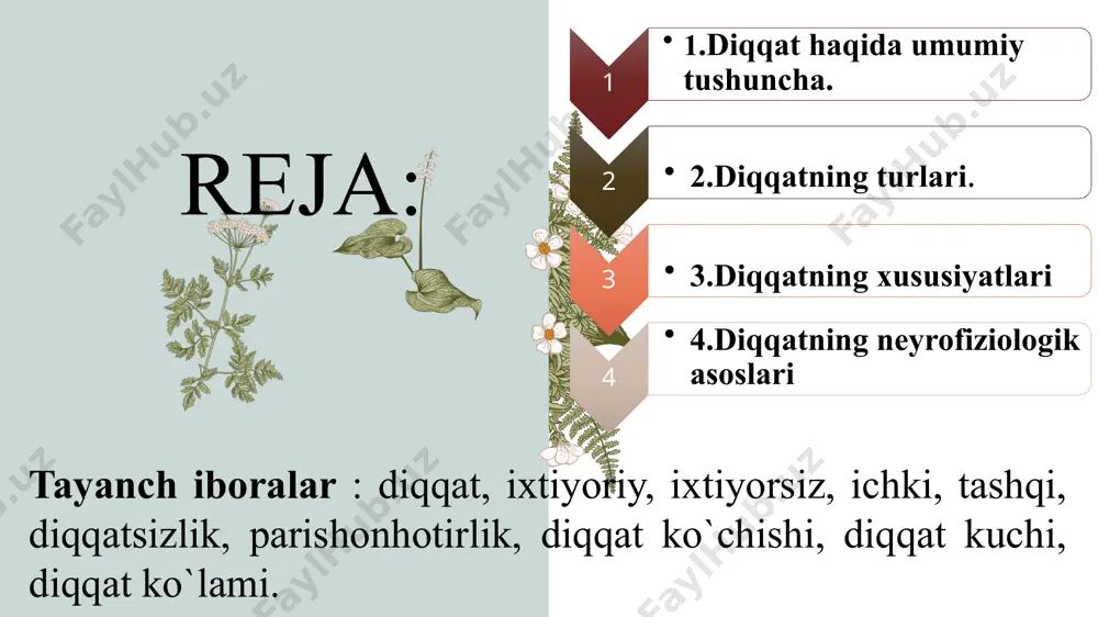 7 ixtiyorsiz diqqat ixtiyorsiz diqqat deb to‘satdan ta’sir qilgan biror sabab tufayli bizning xohishimizdan tashqarida hosil bo‘ladigan diqqatga aytiladi. masalan: hikoya o‘qish jarayonida reaktiv samalyotning qattiq va bahaybat tovushi, chiroyli musiqa ohangi, ko‘z o‘ngingizda paydo bo‘lgan yorqin ranglar, yorqin rangli predmetlar, biror narsaning keskin harakati. заголовок презентации 8 8 ixtiyoriydan keyingi diqqat avtomatlashgan diqqat bo‘lib, dastlab diqqat qilish talab qilinadi, malaka va ko‘nikma hosil qilingandan keyin ya’ni, o‘zlashtirilgandan so‘ng diqqat talab qilinmaydi. 9 9 diqqatning xususiyatlari 10 4.diqqatning neyrofiziologik asoslari diqqatning fiziologik asosini a.a uxtomskiy va i.p.pavlov kashfiyotlari va ilmiy ishlari ochib beradi. nerv sistemasiga bir qancha qo‘zg‘ovchilar bir vaqtda tasir qilsa bosh miya po‘stida shu ongning o‘zida bir necha qo‘zg‘alish o‘choqlari paydo bo‘ladi. название презентации 11 bir vaqtning o‘zida bir nechta qo‘zg’alish o‘choqlari yuzaga kelganda g‘olib bo‘lgan qo‘zg‘alish o‘chog‘i dominanta deb nomlanadi. dominanta subdominantaga, subdominanta dominantaga aylanishi mumkin. заголовок презентации 12 diqqatning nerv-fiziologik asosida orenterovka refleksi yotadi. diqqat ma’lum …