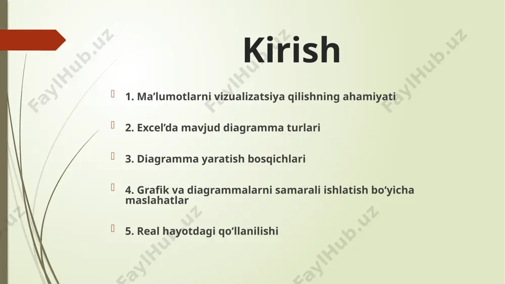 lekin gorizontal shaklda. masalan: mamlakatlar bo‘yicha eksport hajmi. 5. tarqatma diagramma (scatter plot) ikki o‘zgaruvchi orasidagi bog‘liqlikni ko‘rsatish uchun ishlatiladi. masalan: raqamli reklamaga sarflangan pul va foyda o‘rtasidagi bog‘liqlik. excel’da grafiklar yaratish bosqichlari 1. ma’lumotlarni tayyorlash – excel jadvalida ma’lumotlarni tartibga keltirish. 2. grafik turini tanlash – maqsadga mos keladigan diagrammani tanlash. 3. grafik yaratish – "insert" bo‘limidan "chart" opsiyasini tanlab diagramma hosil qilish. 4. dizayn va formatlash – rangi, shrifti, o‘qi nomlari va sarlavhalarni moslashtirish. 5. tahlil va taqdim qilish – diagrammani tushunarli shaklda izohlash. ms excel’da grafik va diagrammalarni samarali ishlatish bo‘yicha maslahatlar ✅ to‘g‘ri diagrammani tanlash – har bir diagramma turi ma’lum bir tahlil uchun mos keladi. ✅ ortib ketgan detallarni olib tashlash – keraksiz elementlar grafikni murakkablashtirishi mumkin. ✅ rang va shriftlarni moslashtirish – diagrammalar vizual jihatdan jozibali bo‘lishi kerak. ✅ aniq va tushunarli sarlavhalar qo‘shish – har bir grafik yoki diagramma nimani ifodalashini izohlash muhim. …
