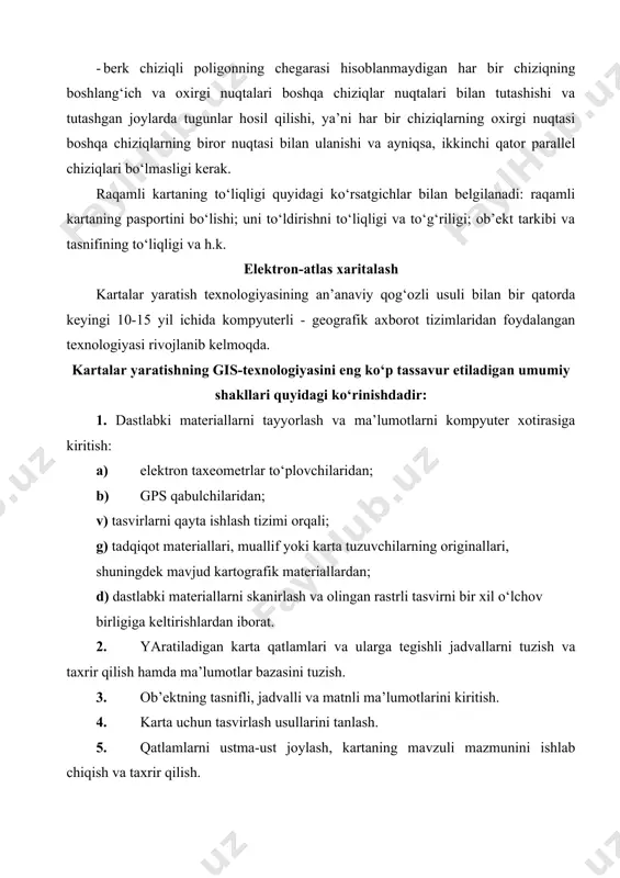 ani nashr qilish. raqamli kadastrli karta yaratishning asosiy texnologik jarayonlari. biror bir xududa er kadastrining ma’lumotnomali asosini yaratishni ta’minlaydigan er kadastri ishlarining asosiy shakli – bu erlarni ro‘yxatdan o‘tkazish (inventarizatsiya) va kadastrli kartaga olish hisoblanadi. bu ishlarni bir-biridan ajratib bo‘lmaydi, chunki ular uchun umumiy manba ma’lumotlaridan foydalaniladi, shu bilan bir qatorda ayrim inventarizatsiya kadastrli karta tuzish ishlari tarkibiga kiruvchi dala ishlari bir vaqtda o‘tkazilishini ham ta’kidlash lozim. xududni inventarizatsiya qilish va kadastrli kartaga olish bo‘yicha ishlar natijalari kadastrli kartalar va bayonli inventarizatsion materiallar shaklida keltiriladi. kadastrli kartaga olish – bu rayon yoki aholi yashash joyi xududini kadastrli kartasini tuzish bo‘yicha olib boriladigan kompleks tadbirlardir. kadastrli karta va plan hamda inventarizatsion materiallaridagi ma’lumotlar o‘rtasida bog‘liqlik er uchastkasi identifakatorlari vositachiligida amalga oshiriladi. inventarizatsiya va kadastrli kartaga olish bo‘yicha ishlarni bajarishda identifikatorlar sifatida er uchastkalarining identifikatsion raqamlari, davlat er kadastrining ma’lumotlari bazasiga axborotlar kiritishda esa kadastr raqamlari ishlatiladi. shunday qilib, kadastrli karta - …