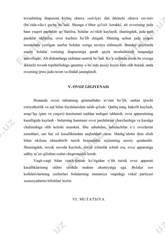 ula boshlaydi. yurak kengaya boshlaydi, musqullar mustahkamlasha boradi, ovoz tonida o’zgarishlar bo’ladi va xokazo. bunday davrda bolalar ovozi ortikcha «kuylashga kuchi yetmaydi va diqqat hamda extiyotkorlik bilan munosabatda bo’lishni talab qiladi.» o’g’il bolalarda xalqum tez o’sadi, ovoz pardalari uzunlashadi, ovoz pasayib kichiq oktava tovushlariga uta boshlaydi. ba’zi vaqtda mutatsiya davri og’ir va har xil holatda o’tishi sababli machg’ulotlarni vaqtincha tuxtatish zarur bo’lib qoladi. qiz bolalarda mutatsiya osoyishta, asoratsiz o’tadi. lekin shunga qaramay, qizlarning ovozini ham extiyot qilish zarur. honandalik rejimiga rioya qilinsa, mutatsiya davri bir qancha yengil o’tishiga yordam beradi. adabiyotlar: 1. i.akbarov .«musiqa lug’ati» 2. apraqsina o. «методика музыкального воспитания в школе» m. 1983 3. d.omonullayev. «umumiy ta’lim maktablarida musiqa dasturlari»t.1992 4. gudkova ye.a., vasileva a.b. «ashula dars metodikasi»