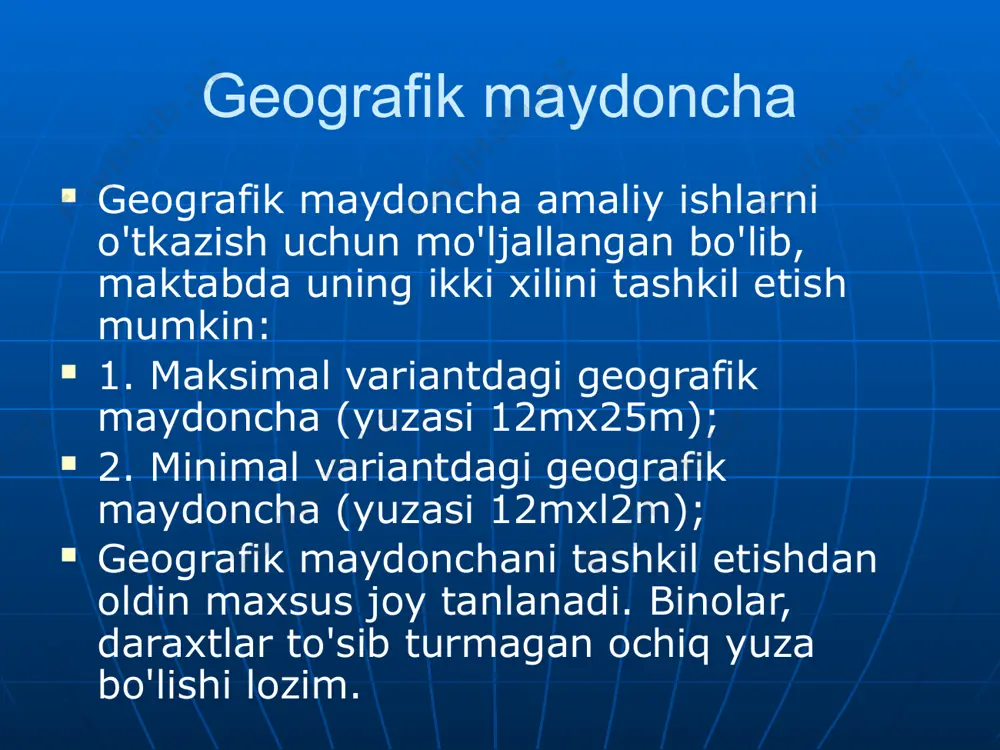 mdan iborat: 1. meteorologik sektor – maydonchaning janubi – sharqiy qismida joylashtirilib, unda quyidagi o'lchov asboblari joylashtiriladi: a) meteorologik budka – osti yer yuzasidan 2 metr balandda joylashtirilgan, eshigi janubga ochiladigan? havo harorati, namligi, bosim va boshqa iqlim ko'rsatgichlarni o'lchovchi asbob. ichiga termometr, gigrometr, barometr, aneroid kabi asboblar joylashtiriladi. b) yomg'ir o'lchagich (dojdomer). ostgi qismi yerdan 2 metr balandda bo 'ladi. doira yuzasi 500 sm2 16 – 24 parraklardan iborat ichma – ich joylashgan 2 ta silindirdan iborat. v) tuproq termometrlari 3 xil bo 'lib, shimoldan janubga qarab, oralig'i 10 santimetr dan qilib, quyidagi tartibda joylashtiriladi: • tez kо'rsatuvchi termometr (bu shimolda о'rnatiladi) yer yuzasidagi haroratni kо'rsatadi; • maksimal termometr – 10 santimetr chuqurlikdagi haroratni kо'rsatadi; • minimal termometr – 5 santimetr chuqurlikdagi haroratni kо'rsatadi; g) qor о 'lchagich reyka balandligi 120 santimetr ga teng, santimetrlarga bo 'lingan. astronomik sektor – geografik maydonchaning shimoliy – sharqiy yo'nalishda joylashtirilib, osmoniy jismlar …