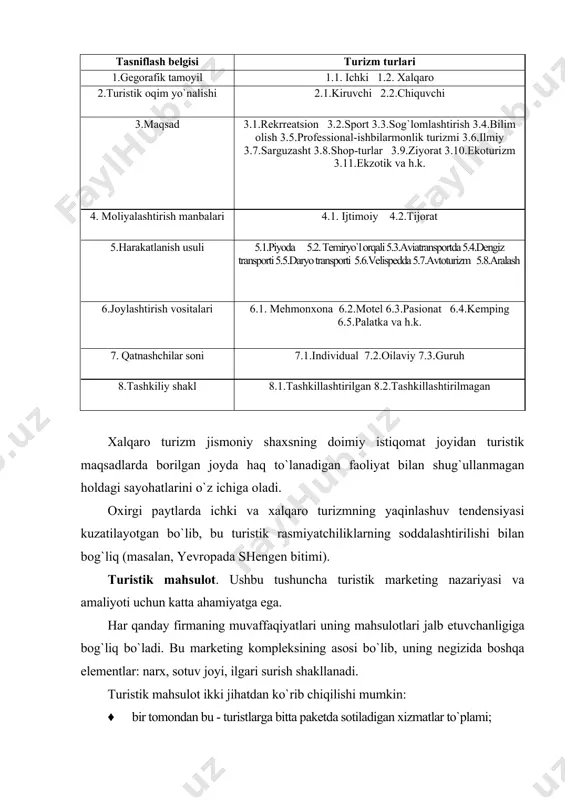 mahsulotlari jalb etuvchanligiga bog`liq bo`ladi. bu marketing kompleksining asosi bo`lib, uning negizida boshqa elementlar: narx, sotuv joyi, ilgari surish shakllanadi. turistik mahsulot ikki jihatdan ko`rib chiqilishi mumkin: · bir tomondan bu - turistlarga bitta paketda sotiladigan xizmatlar to`plami; · boshqa tomondan - xizmatlar ishlab chiqaruvchi elementlar (transport vositalari, restoranlar va h.k.). birinchi talqin turistlarga (iste’molchilarga), ikkinchi talqin esa - turistik mahsulot ishlab chiqaruvchilarga yaqinroqdir. turistik mahsulotning asosini (80%) xizmatlar tashkil qiladi. unga tovar xizmatini ajratib turadigan tavsifnomalar: his etib bo`lmaslik, ishlab chiqarish va iste’mol uzluksizligi, o`zgaruvchanlik va saqlab bo`lmasligi xosdir. turistik xizmatlarni his etib bo`lmasligi shuni anglatadiki, ular buyum holidagi shaklga ega bo`lmaydi. xizmatlarni xarid qilish biron narsaga ega bo`lishga olib kelmaydi. xizmatlarni to ular ko`rsatilmagunga qadar ko`rib va ishlatib ko`rib bo`lmaydi. transport kompaniyalari va mehmonxonalar tomonidan taklif etiladigan xizmatlarni «ushlab» bo`lmaydi. to`lovni amalga oshirar ekan, turist mehmonxona yoki samoletni emas, balki ulardan belgilangan vaqomidagina foydalanish huquqini sotib oladi. xizmatlarni …