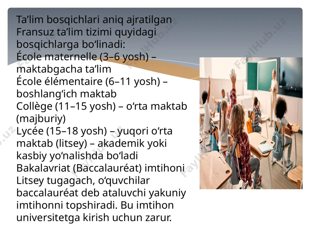 hayotga olib kelishi mumkin (bakalavriatning uchta asosiy turi mavjud: umumiy bakalavr, texnologiya bakalavriyati va bakalavr professionnel). kasbiy darajalarni taqdim etuvchi cfa (centre de formation des apprentis, shogirdlarni oʻqitish markazi) elita maktablari – “grandes écoles” fransiyada eng nufuzli oliy ta’lim muassasalari – grandes écoles deb ataladi. ularga kirish juda murakkab bo‘lib, alohida tayyorlov kurslar (prépa) orqali amalga oshiriladi. oliy ta’lim – davlat tomonidan qo‘llab-quvvatlanadi universitetlar davlat tomonidan moliyalashtiriladi, shuning uchun kontrakt to‘lovlari nisbatan arzon. yevropa ittifoqi fuqarolari uchun ta’lim juda hamyonbop. ilm-fanga katta e’tibor ta’limda nazariyaga va ilmiy tafakkurga katta urg‘u beriladi, ayniqsa yuqori bosqichlarda. agar sizga bu tizimning boshqa jihatlari (masalan, o‘qituvchilarning tayyorgarligi, baholash tizimi yoki chet ellik talabalarga imkoniyatlar) ham qiziq bo‘lsa, ayting — batafsil tushuntirib beraman. image2.png image3.png image4.png image5.png image6.png image7.png image8.png image9.png image10.png image11.png image12.png image13.png image14.png image15.png image16.png /docprops/thumbnail.jpeg