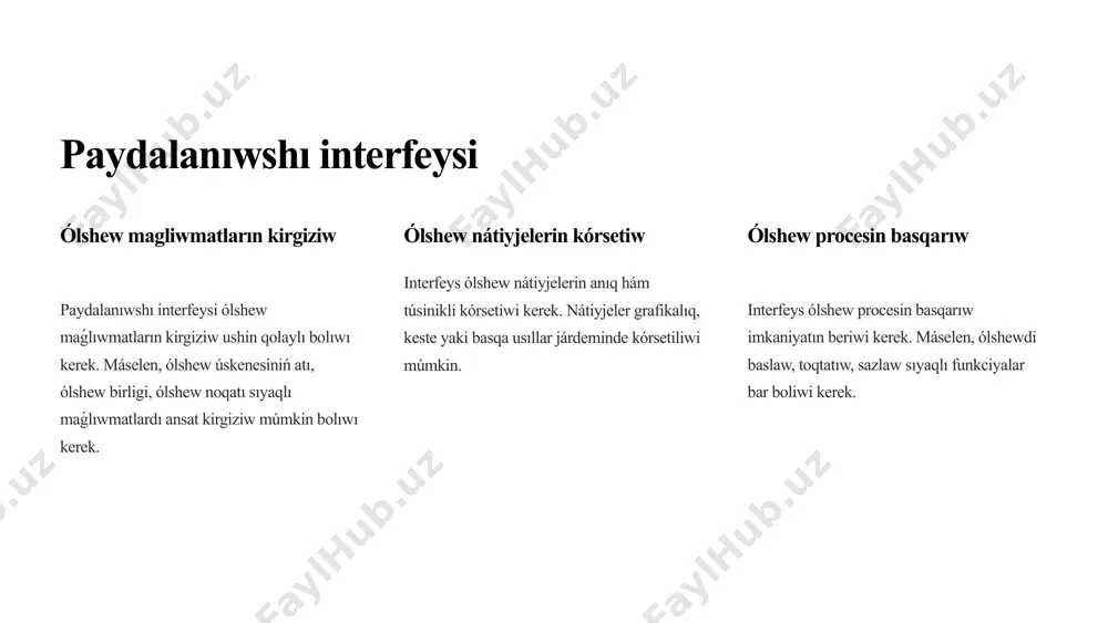 ın qollanılatuģın ólshew ásbapları hám sistemaların úyrenedi. joqarıdaǵı ádebiyatlar temir jol sistemalarınıń barlıq tárepleri, sonıń ishinde, ólshew texnikasın úyreniwde járdem beredi. 11 paydalanılgan ádebiyatlar: "designing web apis" - brenda jin, saurabh sahni, amir shevat veb api dizaynınıń ámeliy táreplerin túsindiredi. bul kitapta vagonlar hám temir jol sistemaları ushın api lardı nátiyjeli jaratıw boyınsha usınıslar bar. "api design for c++" - martin reddy c++ programmalaw tilinde api dizayni hám eń jaqsı ámeliyatlar haqqında tolıq magliwmat. apilar vagonlar hám temir jol sistemalarında ólshewlerdi analizlew hám avtomatikalıq monitoring sistemaların jaratıwda qollanıladı. "restful web services" - leonard richardson, sam ruby restful api ler haqqında tolıq túsinik beredi. restful api ler temir jol sistemalarında, ásirese vagonlar hám olardıń háreketi menen baylanıslı sistemalar arasında nátiyjeli baylanıslar ornatiw ushin qollanıladı. "handbook of railway vehicle dynamics" - simon ivnicki bul kitap temir jol transportı hám vagonlardıń dinamikasına baylanıslı ilimiy shıǵarma bolıp, vagonlardıń háreketin tallawda qollanılatuǵın ólshew texnikaları hám …