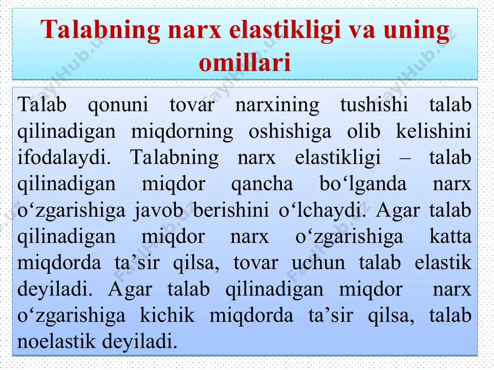 foydalanishadi va ish joylariga yaqin joyga koʻchishadi. bir necha yil ichida benzinga boʻlgan talab sezilarli darajada tushadi. talabning narx elastikligi – tovarning talab qilinadigan miqdori, shu tovarning narxiga qay darajada ta’sir qilishini oʻlchaydi va talab qilinadigan miqdorning oʻzgarish foizi narxning oʻzgarish foiziga nisbati bilan aniqlanadi. elastiklik – talab qilinadigan yoki taklif qilinadigan miqdorning uning omillaridan biriga ta’sirining oʻlchovi. agar talabning narx bo‘yicha elastiklik koeffitsenti |ed |>1 bo‘lsa, talab elastik deyiladi agar talabning narx bo‘yicha elastiklik koeffitsenti |ed |<1 bo‘lsa, talab noelastik deyiladi agar talabning narx bo‘yicha elastiklik koeffitsenti |ed |=1 bo‘lsa, talab birlik elastik deyiladi elastiklik – koeffetsenti qiymatiga qarab talabni elastik, noelastik va birlik elastikka ajratish mumkin. talabning narx elastikligini hisoblash biz talabning narx elastikligini umumiy nuqtayi nazardan koʻrib chiqdik, endi uni qanday hisoblashni koʻrib chiqamiz. iqtisodchilar talab miqdorining foizdagi oʻzgarishini narxning foizdagi oʻzgarishiga nisbati shaklida talabning narx elastikligini hisoblashadi. ya’ni: talabning narx elastikligi = masalan: talabning narx elastikligi= …