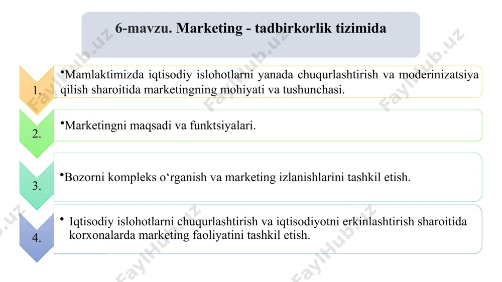b chiqarish kerak marketing kontseptsiyasi vositalarini qo`llash asosida marketing dasturini shakllantirishga olib keluvchi quyilgan maqsadlarga erishish uchun kompleks yondoshish va maqsadli dastur uslubini ishlatish 5 xaridorlar extiyojini, o`rganish va aniqlash marketing vazifalari avvalo talab va taklif to`g`risida olingan ma’lumotlar asosida bozorni o`rganish tovarlarga bo`lgan talabni istiqbollash, ularni amalga oshirishni nazorat qilish narxning faoliyatini xaridorlar extiyojiga moslashtirish tovarni bozorga chiqarishdagi barcha xizmatlar to`g`risida ma’lumotlar olish to`ldiruvchi tovarlar va urnini bosuvchi tovarlar to`g`risida axborot yigi`sh 6 25.03.2023 7 maxsulot assortimentini ishlab chiqarish soxasini rivojlantirish marketing funktsiyalari marketing tadqiqotlari narxni tashkil etish funktsiyasi marketing – menedjment funktsiyasi tovarni siljitish sotish va taqsimot funktsiyasi 2. marketingni maqsadi va funktsiyalari. 7 25.03.2023 8 маркетинг махсулотларни ишлаб чикариш сифат харажатлар куйиладиган талаблар махсулотларни сотиш бозорни урганиш талаб таклиф бозорга таъсир утказиш чоралари сотувни ташкил этиш савдо реклама 8 3. bozorni kompleks o‘rganish va marketing izlanishlarini tashkil etish 9 бозор сегментацияси-харидорларнинг товарларни сотиб олишдаги хулк-атворлари, талаби ва …