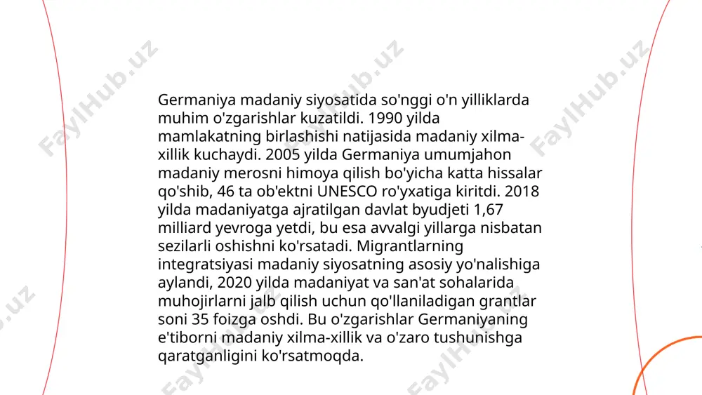 qtisodiyotda 5g mobil tarmog'i joriy qilinib, 50 ta yirik shaharda aholi tomonidan foydalanilmoqda. shuningdek, ilmiy-tadqiqot va tajriba-konstruktorlik ishlanmalariga sarflangan mablag'lar 600 milliard so‘mga oshdi. bu raqamlar o'zbekiston yangi texnologiyalar va sanoat rivojiga katta e'tibor berayotganligini ko'rsatadi. ... t.me/slaydai_bot o'zbekistonda ta'lim tizimidagi o'zgarishlar so'nggi yillarda e'tiborni tortmoqda. o'rta maktablar uchun o'quv dasturlarini yangilash amalga oshirildi, bunda fanlar orasidagi bog'liqlikni kuchaytirishga e'tibor qaratildi. 2021-yilda 4 ta yangi universitet tashkil etildi, shu bilan birga, 2022-yilda 6 ta borayotgan tadqiqot loyihalari amalga oshirildi. shuningdek, raqamli ta'limni rivojlantirish doirasida 1000 dan ortiq elektron resurslar yaratildi. stem yo'nalishida ta'lim olish uchun ajratilgan grantlar soni 20% ga oshdi. 2023-yilda o'qituvchilarning malakasini oshirish uchun 50 mingdan ziyod seminar o‘tkazildi, bu jarayonga 200 mingdan ortiq pedagoglar jalb qilindi. ... t.me/slaydai_bot 9. germaniya energetika siyosati germaniyaning energetika siyosati oxirgi yillarda qayta tiklanuvchi energiyalarga o'tishni tezlashtirishga qaratilgan. 2020 yilgi ma'lumotlarga ko'ra, germaniyada qayta tiklanuvchi energiya manbalari umumiy energiya ishlab chiqarishining 45 …