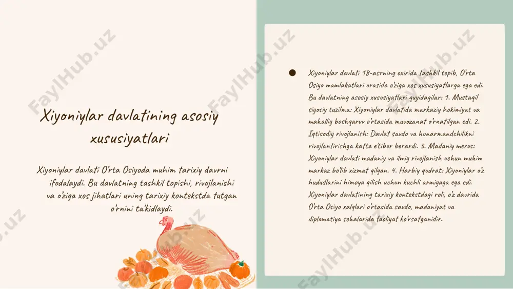 naviy o'zbekistonning madaniy merosini tashkil etadi. - qadimiy an'analar va urf-odatlar saqlanib qoldi. - o'zbek tilining rivojlanishi va adabiyotda yangi yo'nalishlarning paydo bo'lishi. - san'at va arxitektura sohasida yangi uslublarning shakllanishi. - ilm-fan va ta'lim tizimining mustahkamlanishi. - ijtimoiy hayotda tenglik va adolat tamoyillarining muhimligi. - savdo va iqtisodiy rivojlanishning yangi bosqichga o'tishi. photo by cas holmes on unsplash xiyoniylar davlati: o‘zbekistonga ta’siri xiyoniylar davlati o‘zbekiston tarixiga va madaniyatiga sezilarli ta’sir ko‘rsatdi. ularning qonunlari va an’analari o‘zbek xalqining kelajagini shakllantirishda muhim ahamiyatga ega. 1. xiyoniylar davlati davrida o‘zbek tilining rivojlanishi va adabiyoti o‘sdi. 2. iqtisodiy aloqalar orqali savdo yo‘llari kengaydi, bu esa o‘zbekiston iqtisodiy o‘sishiga olib keldi. 3. xiyoniylar madaniyati va san’ati o‘zbekiston ichki mintaqalarida keng tarqaldi. 4. diniy ta’sirlar orqali islom dini o‘zbekiston madaniyatining asosiy qismiga aylandi. 5. xiyoniylar zamonida ta’lim tizimi rivojlanib, ko‘plab bilimdonlar yetishib chiqdi. 6. xiyoniylar davlatining qonunlari va tartiblari o‘zbekistonning kelajak qonunchiligiga ta’sir ko‘rsatdi. xulosa …