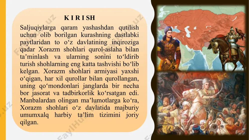 davrida ham, yurish vaqtida ham oʻz armiyasini tashkil etgan ikki buyuk qismga: gvardiyasi va viloyat askarlariga qoʻmondonlik qilardi. vazir esa ozarbayjon va arronda joylashgan xorazmshoh qoʻshinlariga qoʻmondonlik qilar va fath etish bilan shugʻullanardi. jaloliddin doimo qoʻshin boshida boʻlgan. sulton goho u yoki bu amirini biron-bir mintaqani fath qilish uchun safarbar qilsa-da, koʻp oʻtmay orqasidan yetib olib, qoʻmondonlikni oʻz qoʻliga olardi. bu qism sotib olingan yoki urush natijasida asir tushgan qullardan tashkil topgan. saroy tashkilotida maʼlum vazifa va salohiyatga ega boʻlgan saroy amirlari gvardiyaga qoʻmondonlik qilardi. xorazmshohlar davrida gvardiya qoʻshinlari poytaxt va poytaxtga yaqin yerlarda joylashar va bevosita sultonning amiri ostida boʻlar edi. jaloliddin davrida esa bu qoʻshin doimo sulton yonida boʻldi. sultonga ozarbayjon viloyatining mudofasini vaziriga topshirib, oʻzi muttasil oʻlkasining turli tomonlarida boʻlishga toʻgʻri kelgandi. binobarin, gvardiya doim sulton bilan birga, harakat holida boʻlgan. gvardiya ichidan tanlab olingan “xossa gʻulomon” deb atalgan qismga esa sulton xavfsizligini va hayotini saqlash vazifasi …
