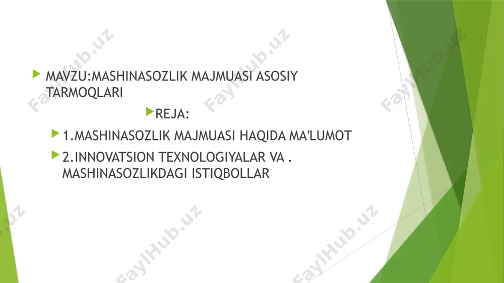 buyumlari murakkab dastgohlar vositasida, yuqori malakali mehnat evaziga yaratiladi. o‘rta hisobda har bir mashinaning tannarxi unga sarflangan xomashyo - metall tannarxidan yuzlab marta ortiq bo‘ladi. ‹#› ‹#› ‹#› o‘zbekiston iqtisodiyoti uchun an'anaviy ixtisosli sohalar hisoblangan paxta, pilla, kanop yetishtirish va ularni qayta ishlash qo‘l mehnatini ko‘p talab qiladi. shu sababli qishloq xo‘jaligining ixtisoslashgan sohalarini mexanizatsiyalashni ta’minlovchi, ya’ni yer haydash, ekin ekish va ishlov berish, hosilni yig‘ib olish hamda tayyor xomashyoni qayta ishlashda qo‘llanadigan mashina va asboblar ishlab chiqaradigan qishloq mashinasozligi tarmoqlari vujudga keldi. toshkentdagi «toshqishloqmash», «o‘zbekqishloqmash» va chirchiqdagi «chirchiqqishloqmash» kabi zavodlar qishloq xo‘jaligi mashinasozligining asosiy korxonalaridir. ‹#› ‹#› bu zavodlar paxtachilik uchun traktor seyalkalari, kultivatorlar, g‘o‘zapoya yuladigan, ko‘rak teradigan va chuviydigan, o‘g‘it aralashtiradigan, qishloq xo‘jaligi zararkunandalarini yo‘qotishda zaharli moddalarni purkaydigan mashinalar ishlab chiqaradi. 1994-yilda o‘zbek-isroil qo‘shma korxonasida paxta teradigan mashinaning yangi modeli yaratildi. suv omborlari, kanallar qurilishi va ularni loyqadan tozalashda, suvni yuqoriga ko‘tarishda, umuman, irrigatsiyada qo‘llaniladigan mashinalar ishlab chiqaruvchi …