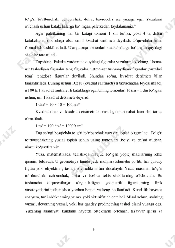 hun, biror materialni yoki yuzani qoplashda, yuzaning o‘lchami (yuzaning maydoni) muhim rol o‘ynaydi. yuza o‘lchov birliklari — geometrik figuralarning yuzasini o‘lchash uchun ishlatiladigan birliklardir. ushbu birliklar matematikada va kundalik hayotda keng qo‘llaniladi, chunki ular yordamida figuralarning yuzasini aniqlash mumkin. yuzaning o‘lchov birliklari orasida eng keng tarqalganlari kvadrat santimetr (sm²), kvadrat desimetr (dm²) va kvadrat metr (m²) hisoblanadi. ushbu birliklar o‘zaro o‘tish qoidalari orqali o‘zgartirilishi mumkin, bu esa ularga aniq va to‘g‘ri o‘lchovlarni olish imkonini beradi. kvadrat santimetr (sm²) — yuzaning o‘lchov birligi bo‘lib, tomoni 1 santimetr bo‘lgan kvadratni ifodalaydi. 1 sm² = 1 sm × 1 sm. bu birlik kichik yuzalar uchun, masalan, kitob yoki daftar yuzalarini o‘lchashda ishlatiladi. kvadrat santimetrlar kichik ob’ektlarning yuzalarini aniqlashda juda qulay hisoblanadi. misol uchun, shaxsiy kitoblar, daftarlar yoki kichik kartochkalar kabi narsalar yuzasini o‘lchashda sm² ishlatiladi. shuningdek, kichik hajmdagi tasvirlar va figuralarni taqqoslashda ham bu birlikdan foydalanish mumkin. kvadrat desimetr (dm²) — tomoni 1 …