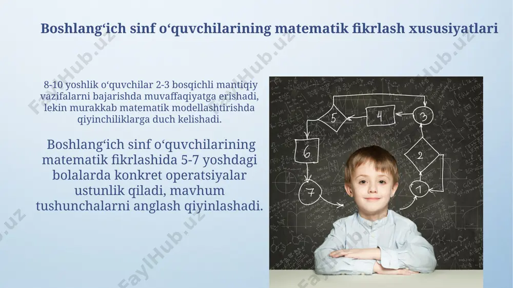 yatli oʻqituvchi kamida 3 ta turli usulda (masalan, vizual, auditoriy, kinestetik) matematik tushunchalarni tushuntirish orqali individual oʻquvchilarning ehtiyojlarini qondirishi zarur. oʻqituvchi 5-7 yoshli bolalarda matematik muammolarni mustaqil hal qilish koʻnikmalarini rivojlantirish uchun turli xil oʻyinlar va amaliy mashgʻulotlardan foydalanishi kerak. baholash va monitoring har bir baholash natijalarini individual tarzda tahlil qilish va bolaning qiyinchiliklarini aniqlash, keyinchalik ularni bartaraf etish uchun individual ta'lim rejasi tuzishga yordam beradi. baholashda 5 yoshgacha bo'lgan bolalarda kuzatish usullari va o'yinlar orqali rivojlanish darajasini aniqlash muhim ahamiyat kasb etadi, bu esa keyingi matematik qobiliyatlarini shakllantirishga yordam beradi. mustaqil fikrlashni rivojlantirishning ahamiyati mustaqil fikrlash o‘quvchilarning muammolarni hal qilish strategiyasini tanlashda 25% ko‘proq moslashuvchan bo‘lishlariga, muammoga turli yondashuvlarni qo‘llashga yordam beradi. mustaqil fikrlash qobiliyati matematikada yaratilish va innovatsiyalar uchun zamin yaratadi, o‘quvchilarning kamida 30% yangi g‘oyalarni taklif qilish imkoniyatini beradi. ota-onalar bilan hamkorlik uy vazifalarini bajarishda ota-onalarning nazorati chegaralangan bo'lishi, bolalarni muammolarni mustaqil hal qilishga undash va kamida …