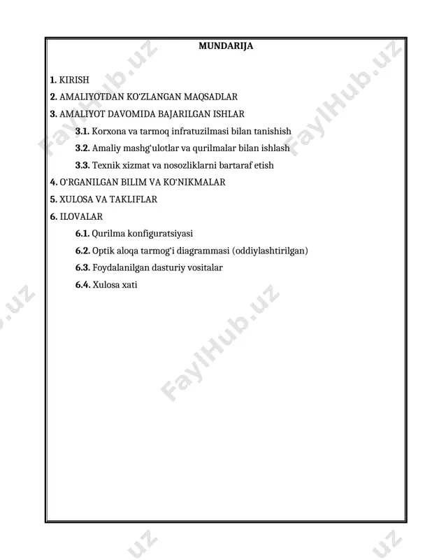 at ko‘rsatish jarayonlarini chuqur o‘rganish. · qurilmalarni o‘rnatish, sozlash, sinovdan o‘tkazish va nosozliklarni aniqlash amaliy ko‘nikmalarini hosil qilish. · jamoada ishlash madaniyati va kasbiy etika qoidalarini o‘zlashtirish. · soha bo‘yicha mavjud muammolarni tahlil qilish va ularning yechimlarini ishlab chiqishga o‘rganish. bu maqsadlar amaliyot davomida belgilangan reja asosida bosqichma-bosqich amalga oshirildi. 3. amaliyot davomida bajarilgan ishlar 3.1. korxona va tarmoq infratuzilmasi bilan tanishish amaliyot boshida birinchi navbatda tashkilotning umumiy tuzilmasi, texnik bo‘limlari va xizmat ko‘rsatish jarayonlari bilan tanishdim. kompaniyaning quyidagi infratuzilmalari o‘rganildi: · markaziy server xonasi (data center): bu yerda tarmoq boshqaruvi, zaxiralash tizimi, xavfsizlik vositalari joylashtirilgan. · optik tolali aloqa liniyalari (focl): abonentlarga yuqori tezlikdagi internet xizmatini ta’minlovchi asosiy tarmoq. · dslam va onu qurilmalari: dsl va fttx xizmatlarini ta’minlaydigan markaziy va abonent tomonidagi qurilmalar bilan tanishdim. · tarmoq monitoring tizimlari: netflow, zabbix, the dude kabi tarmoq monitoring dasturlari orqali real vaqtda tarmoq ishlashi nazorat qilinadi. · 3.2. amaliy mashg‘ulotlar …