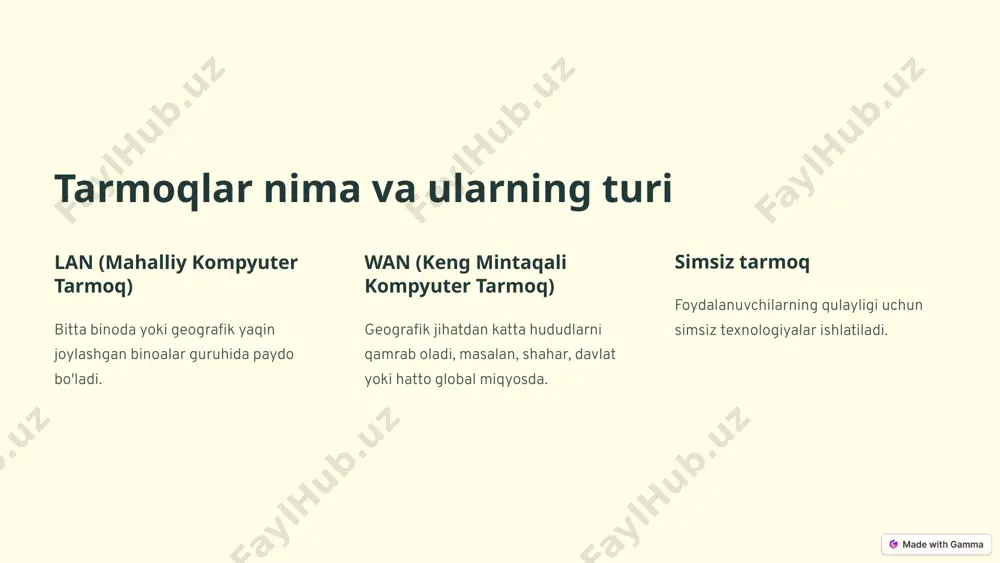 lari telekommunikatsiya tarmog'i telefon tarmog'i, t1, e1, dsl va isdn kabi uzatish texnologiyalari. sputniklar yer yuzasidan uzoqda joylashgan, uzatish kontrolleri bo'lgan qurilmalar. optik tolali kabellar uzluksiz, yuqori tezlikda ma'lumot uzatishga imkon beradi. 7 tarmog'ing xavfsizligini ta'minlash 1 devorlash ruxsatsiz kirish va ma'lumotlarni o'g'irlashdan saqlaydi. 2 shifrlash parollar, ma'lumotlar va boshqa muhim ma'lumotlarni xavfsiz saqlashga yordam beradi. 3 kirish nazorati faqat ruxsat berilgan foydalanuvchilarga tarmog'iga kirishga imkon beradi. 4 zararli dasturlardan himoya antivirus, antispyware va boshqa himoya vositalari bilan ta'minlanadi. 8 tarmoq diagnostikasi va muammolarni hal qilish 1 diagnostika tarmoq trafigini va xatolarini aniqlab, muammolarni aniqlash. 2 yechim izlash tizim konfiguratsiyasini tekshirib, mavjud yechimlarni qo'llash. 3 muammolarni bartaraf etish xatoliklarni tuzatib, tarmogʻi ishini qayta tiklash. 9 kompyuter tarmoqlarining rivojlanish tendensiyalari 5g texnologiyasi tezkor va yuqori sifatli aloqa xizmatlarini ta'minlaydi. narsalar interneti (iot) turli qurilmalar o'rtasida ma'lumot almashish va integratsiyani yaxshilaydi. bulutli hisoblash masofadan foydalanish va offlayn ishlay olish imkonini beradi. sun'iy …
