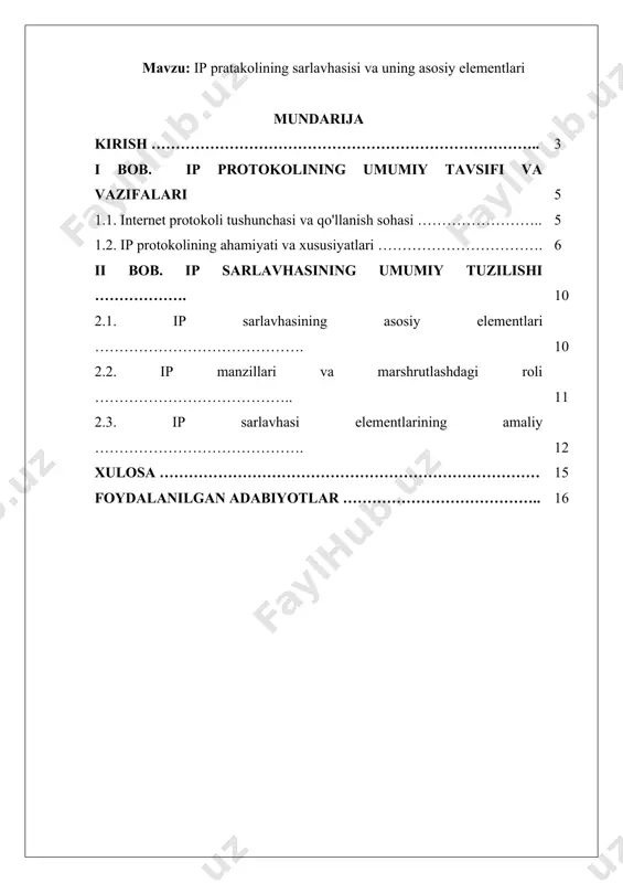 di: “ip header paketlarni yetkazishda eng muhim rol o‘ynaydi, chunki u barcha marshrutlash qarorlarining asosini tashkil etadi.” w. stallings “data and computer communications” asarida qayd etadi: “ip protokolining sarlavhasi paketni aniqlash, ularning yaxlitligini ta’minlash va manzillashni amalga oshirish uchun zarur bo‘lgan barcha maydonlarni o‘z ichiga oladi.” forouzan b. a. “data communications and networking” kitobida shunday yozadi: “ip headerning har bir elementi paketning qayerdan kelayotganini va qayerga borishini aniqlashda hal qiluvchi ahamiyatga ega.” douglas e. comer yana ta’kidlaydi: “agar ip sarlavhasi bo‘lmaganida, internet kabi global tarmoqlarni tashkil etish mumkin bo‘lmagan bo‘lardi.” ip (internet protocol) bugungi kunda global tarmoq tizimining eng asosiy negizini tashkil etadi. u kompyuterlar va boshqa qurilmalar o‘rtasida ma’lumot paketlarini yetkazib berish, ularni manzillash hamda marshrutlash vazifasini bajaradi. shuning uchun ham ip protokoli ko‘pincha “internetning yuragi” deb ataladi. ip protokoli ikki asosiy versiyada qo‘llanadi: ipv4 va ipv6. ipv4 hozir ham keng ishlatilayotgan bo‘lsa-da, manzil resurslarining cheklanganligi sababli ipv6 ishlab …
