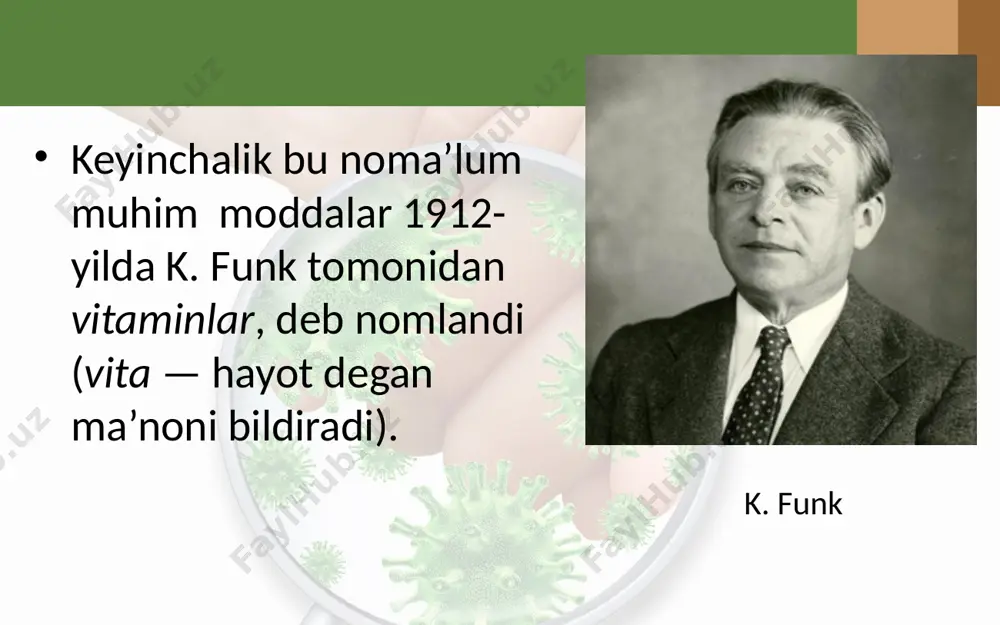 lalarda raxit kasalligi yuzaga keladi. d vitamini baliq yog‘ida, tuxum sarig‘ida, sut va sut mahsulotlarida ko‘p bo‘ladi. u quyoshning ultrabinafsha nurlari ta’sirida odam terisida ham hosil bo‘ladi. bolalarni ochiq havoda chiniqtirish raxit kasalligining oldini olishda muhim ahamiyatga ega. savol va topshiriqlar vitaminlar haqidagi tushunchani fanga kimlar kiritgan? a va b guruh vitaminlar yetishmaganda odamda qanday kasalliklar yuzaga keladi? c, d vitaminlar yetishmaganda organizmda qanday o‘zgarishlar sodir bo‘ladi? image2.jpeg image3.jpeg image4.jpeg image5.jpeg image6.jpeg image7.jpeg image8.jpeg image9.jpeg image10.jpeg image11.jpeg image12.jpeg image13.jpeg image14.jpeg image1.jpeg
