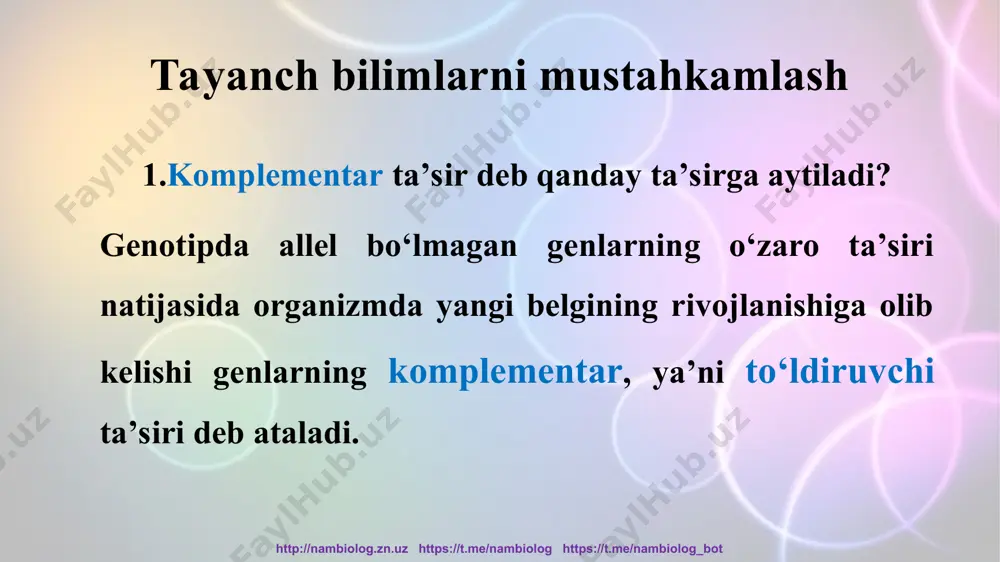 tps://t.me/nambiolog https://t.me/nambiolog_bot p ♀aa bb x ♂ aabb g: ab ; ab ab f1 aabb aabb - genotipi fen: yong‘oqsimon gulsimon 50% 50% ota –ona genotipi а)f1 tovuq, xo‘rozlarning 50 % yong‘oqsimon, 50 % gulsimon tojli olindi; p-genotipi-?, f1-genotipi-? http://nambiolog.zn.uz https://t.me/nambiolog https://t.me/nambiolog_bot p ♀aa bb x ♂ aabb yong`oq simon aabb, aabb, aabb,aabb oddiy aabb b) f1 da hamma tovuq va xo‘rozlar yong‘oqsimon tojli; genotip p-?, f 1-? p ♀ aabb x ♂ aabb g: ab ab f1 aabb fen: yong‘oqsimon demak, p –genotipi ♀ aabb x ♂ aabb f1 –genotipi aabb http://nambiolog.zn.uz https://t.me/nambiolog https://t.me/nambiolog_bot d) p ♂ aabb x ♂ aabb g: ab ab ab f1 aabb aabb yong`oq no`xatsimon 50% 50% demak p-♂ aabb x ♂ aabb; f 1- aabb, aabb d) f 1 tovuq va xo‘rozlarning 50 % yong‘oqsimon, 50 % no‘xatsimon tojli; genotip p-?,f 1 -? http://nambiolog.zn.uz https://t.me/nambiolog https://t.me/nambiolog_bot yong`oq simon aabb, aabb, aabb,aabb oddiy aabb …