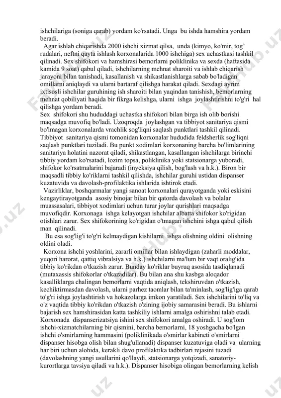 rishishida, moddiy boyliklarni ko'paytirishda sanoat korxonalarining roli juda kattadir. korxonalarda mehnat qilishning o'ziga xos xususiyatlari bor. shu sababli korxona ishchi-xizmatchilariga imtiyozli tibbiy xizmat ko'rsatish tizimi tashkil qilingan. ularga tibbiy xizmat turar joylarda (umumiy tibbiyot muassasalarida), ishlab chiqarish tamoyiliga asoslangan maxsus tibbiyot tarmoqlarida (tibbiyot sanitariya qismi, poliklinika hududida tegishli sex shifokorlik uchastkalarida va feldsherlik punktlarida) ko'rsatiladi. ishlab chiqarish korxonalarida ishchilar uchun maxsus tibbiy xizmatni tashkil qilish ko'pgina afzalliklarga ega: bunda ishchilarga yaqindan tibbiy xizmat ko'rsatiladi; shifokorlar ishchilarning ishlab chiqarish sharoitlarini o'rganadilar; kasallik va shikoyatlar sababini aniqlaydilar; korxona ma'muriyati va kasaba uyushmasi bilan birgalikda korxona sharoitini yaxshilash, sanitariya-davolash profilaktika tadbirlarini amalga oshirib kasallikni kamaytirishga harakat qiladilar. sanoat korxonalarida 4000 dan (ko'mir, neft, tog’ rudalari, kimyo sanoati korxonalarida esa 2000 dan) ortiq ishchi bo'lsa, tibbiyot sanitariya qismi tuziladi. bu qism muayyan korxona ishchi-xizmatchilariga barcha turdagi tibbiy xizmat ko'rsatuvchi davolash-profilaktika muassasalari majmuyidan jborat bo'ladi. ba'zi tibbiyot-sanitariya qismlari ochiq bo'lib, ishchi-xizmatchilarning oilasiga hamda o'sha hududdagi …