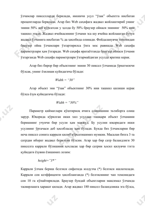 улларини яъни font тэгини кўриб чиқамиз. биз тэгини параметрлари билан бирга абзацнинг ихтиёрий ерида қўллашимиз мумкин. бу тэгдан кейинги матнлар параметрда кўрсатилган қийматлар бўйича экранда тасвирланади. тэгини ёпилувчи тэги шундай кўринишда бўлади. тэги ўзининг қўлланилаётган шрифт ўлчамини кўрсатувчи size, шрифт символларининг ранггини белгиловчи color ва матн қайси шрифтда тасвирланишини белгиловчи face параметрларига эга. size параметри қиймат сифатида 0 дан 7 гача бўлган сонларни қабул қилади. бу сонлар матндаги символлар ўлчамини билдиради. html да офис дастурларидагидек символ ўлчамларини абсолют ўрнатиш имконияти йўқ. чунки бизга web саҳифани кўраётган фойдаланувчи компютерида ўрнатилган шрифтлар ва қандай ўлчам имкониятларига эга эканлиги номаълум. фойдаланувчи браузери биз кўрсатган шрифт ўлчамига максимал мос келувчи ўлчамни танлаши керак. size параметри қиймати сифатида биз шрифт ўлчамини беришимиз мумкин. масалан шрифт ўлчамини биттага ошириш учун қуйидаги конструкцияни ёзишимиз керак: шрифт (символ) ўлчамларини икки бирликка кичрайтириш учун эса қуйидагини ёзишимиз керак: юқоридаги тэглар қатнашган мисолни кўрамиз: мисол 4_3. символ ўлчамлари еттинчи ўлчов …