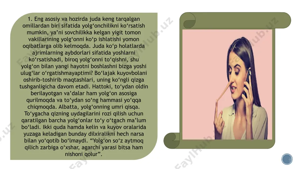 k, yigitning ko‘ngil qo‘ygan qiziga emas, balki ota-onasiga ma’qul kelgan qizga uylanishi kabi holatlar uchramoqda. bunday vaziyatda yigit yo‘q joydan janjal chiqarishga urinadi va bu janjallarning oxiri ajrim bilan yakun topmoqda. ota-onalarimiz farzandlarini ko‘ngli bilan ham hisoblashishsa yaxshiroq bo‘lardi. butun umr birga yo‘ldosh bo‘ladigan qizni o‘g‘illari tanlashlariga ruxsat berishlari kerak. axir farzandining baxti ota-onaning ham baxti-ku. 5. oilalarning buzilishini kim ham istardi? biroq oramizda shunday insonlar ham topiladi. bu insonlar kuyovning ota-onalari bo‘lishsa-chi. uzoq yillardan beri bilamizki, qaynona va kelin o‘rtasidagi nizolar davom etib keladi. hozirgi kunda qaynonalar sababli ajralayotgan oilalar anchagina. ular aslida oilani saqlab qolishga, norasida go‘daklarni ota-ona bag‘rida katta bo‘lishiga ko‘maklashishlari lozim emasmi? o‘g‘il har qanday vaziyatda onasidan voz kecha olmaydi, uning shartlarini bajaradi va xatoliklarga yo‘l qo‘yadi. hattoki, baxtli hayot kechirayotgan oilani ham qaynonalar buzishga, kelinini o‘g‘liga yomon ko‘rsatishga harakat qiladilar. masalan, kelinni oilaning bir a’zosi sifatida emas, balki xizmatkori sifatida ko‘radilar. “birovning boqib, tarbiyalab, voyaga …
