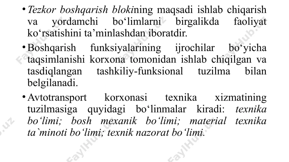 rgan ijrochilar tomonidan bajariladi agregat-uchastka usuli ishlab chiqarish jarayoning barcha elementlarini va ehtiyot qism va materiallar sarfini aniq hisobga olish imkonini beradi. rejalashtirish va iqtisodiy rag‘batlantirishning yangi usullari sharoitlarda ishlab chiqarishni bunday tashkil qilish texnik xodimlarning ishga bo‘lgan qiziqishi va ma‘suliyatini oshirish hisobiga avtomobil transporti korxonasining ish samaradorligini oshiradi. yuqorida qarab chiqilgan usullar bilan taqqoslaganda agregat-uchastka usuli ma‘lum bir ustunliklarga ega bo‘lishi bilan birga bir qancha kamchiliklardan ham xoli emas, ularning ichida eng asosiysi - ishlab chiqarishning tarqoqligi bo‘lib u, ishlab chiqarishni tezkor boshqarishni qiyinlashtiradi. butun avtomobil bo‘yicha ta`mirlashlarning bajarilish jaryoni haqidagi axborot bo‘lmasligi ishlab chiqarish maydonlaridan, material va mehnat resurslaridan ratsional foydalanish imkonini bermaydi. ishlarni bajarish ketma-ketligi ishchilarning bitta avtomobilda to‘planishiga va texnik xizmat yoki ta`mirtalab boshqa avtomobillarning ortiqcha bekor turishiga olib keladi. texnik xizmat va ta`mirlashga olib kelingan avtomobillar ishlab chiqarish mintaqalari bo‘yicha taqsimlanishi butun avtomobil bo‘yicha ta`mirlashning tugash muddatini rejalashtirish imkonini bermaydi. agregat-uchastka tizimini joriy qilish ma‘lum …