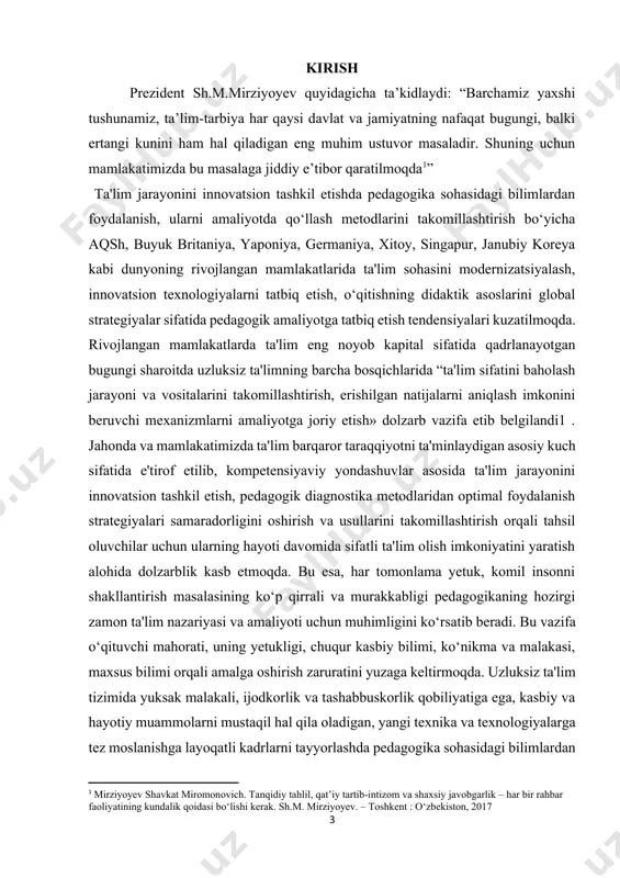 assasalarida tahsil olayotgan, o‘zining kelajakdagi kasbini pedagogika sohasi bilan bog‘lovchi talabalarga innovatsion ta'lim mazmunini ilmiy asosda o‘rgatish, uning tashkiliy va texnologik asoslarini loyihalash, kelajakda rivojlanish tendensiyalarini ishlab chiqishga o‘rgatishga zarurat tug‘ilmoqda. bu borada o‘zbekiston respublikasi prezidentining 2017 yil 7-fevraldagi “o‘zbekiston respublikasini yanada rivojlantirish bo‘yicha harakatlar strategiyasi to‘g‘risida”gi pf-4947-sonli farmonida belgilangan vazifalar asosida yuqori malakali kadrlarni tayyorlash, ilmiy va amaliy natijalarni amaliyotga joriy etishning samarali mexanizmlarini yaratish, uzluksiz ta'lim tizimini yanada takomillashtirish va rivojlantirish, ijodkorlik g‘oyalariga asoslangan kasbiy salohiyat va insoniy sifatlarga ega bo‘lish, pedagogik faoliyatni innovatsion tashkil qilish, tarbiyalayotgan yoshlarda intellektual sifatlar bilan birga yuksak ma'naviy madaniyatni shakllantirish texnologiyalarini takomillashtirish muammolarining yechimini topish dolzarb ahamiyat kasb etadi. ijtimoiy hayot sohalarida sodir bo‘layotgan voqyea-hodisalarni to‘g‘ri talqin qilishda, murakkab pedagogik jarayonlarning yechimini topishda fan o‘rnatgan qonun-qoidalar, tamoyillar zarur bo‘ladi. mana shunday jarayonlarni, yangiliklarni tahlil qilishda, ajdodlarimiz tomonidan yaratilgan ma'naviy-madaniy, diniy merosimizni avaylab, bilim va ko‘nikmalarni yosh avlodga taqdim etishda, yangicha mantiqiy fikrlash …