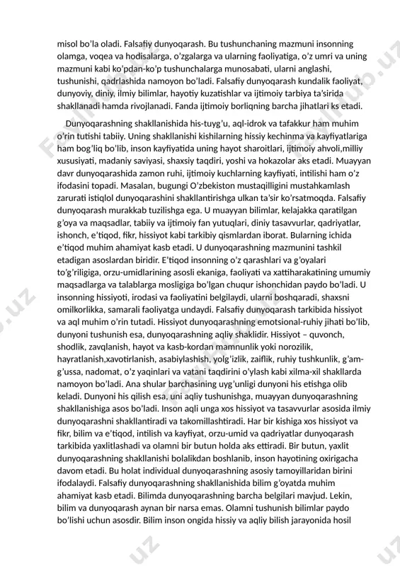 lileo galiley tomonidan ta'riflangan klassik mexanikaning shakllanishiga yakun yasaganidan keyin yuz berdi.xulosa qilib aytganda, har bir sohaning rivojlanishi va o'zgarishiga bir necha yillar kerak bo'ladi. aynan dunyoqarash ham birdaniga shakllanib qolgan emas. ming yillar davomida u o'zgarib bordi. dunyoqarashning salbiy yoki ijobiyligi esa, albatta, har birinsonning o'ziga bog'liqdir. ba'zan bu qarashlarga jamiyat va atrofdagi voqea-hodisalar ham ta'sir etadi. dunyo qarash tushunchasi va uning tarixiy shakillarini o’rganish. dunyoqarash tushunchasi. har bir kishining dunyoga nisbatan o’z qarashi, o’zi va o’zgalar, hayot va olam to’g’risidagi tasavvurlari, xulosalari bo’ladi. ana shu tasavvurlar, tushunchalar, qarash va xulosalar muayyan kishining boshqa odamlarga munosabati va kundalik faoliyatining mazmunini belgilaydi. shu ma’noda, dunyoqarash - insonning tevarak atrofini qurshab turgan voqelik to’g’risidagi, olamning mohiyati, tuzilishi, o’zining undagi o’rni haqidagi qarashlar, tasavvurlar, bilimlar tizimidir. dunyoqarash - olamni eng umumiy tarzda tasavvur qilish, idrok etish va bilishdir. dunyoqarashning bir kishiga yoki alohida shaxsga xos shakli individual dunyoqarash deyiladi. guruh, partiya, millat …