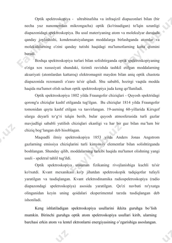pektroskopiya (radio diapazondagi spektroskopiya) asosida yaratilgan. qo'zi navbati ro'yxatga olinganidan keyin uning qoidalari eksperimental tarzda tasdiqlangan deb ishoniladi. keng ishlatiladigan spektroskopiya usullarini ikkita guruhga bo’lish mumkin. birinchi guruhga optik atom spektroskopiya usullari kirib, ularning barchasi erkin atom va lentel ektronlarni energiyasining o’zgarishiga asoslangan. ikkinchi guruh usullari spektrning rentgen sohasida joylashgan yuqori energiyali nurlanishlar tasirida ichki qobiqlarning elektronlarini qo’zg’algan xolatga o’tishiga asoslangan. quyidagi jadvalda ana shu ikki guruh spektroskopiya usullari keltirilgan. spektroskopiyausullari analiz usullari spektr diapazoni jarayon usuli atomlashtirish qo’zg’atish atom-emissionli (aes) optik fotonlar emissiyasi yuqori xaroratda yuqori xaroratda atom- fluorestsentli (afs) optik fotonlar emissiyasi yuqori xaroratda ub-ko’rinuvchan nurlanishi atom-absorbtsion (aas) optik fotonlar absorbtsiyasi yuqori xaroratda talab qilinmaydi rentgen-emission (rea) rentgenli fotonlar emissiyasi talab qilinmaydi elektronlar oqimi rentgen- fluorestsent (rfla) rentgenli fotonlar emissiyasi talab qilinmaydi rentgen nurlanish rentgen- absorbtsion(raa) rentgenli fotonlar absorbtsiyasi talab qilinmaydi talab qilinmaydi ub-spektrofotometrning ishlash printsipi zamonaviy ikki nurli spektrofotometrlar yutilishni maxsus qurilmalar yordamida bevosita yozib borish imkonini …