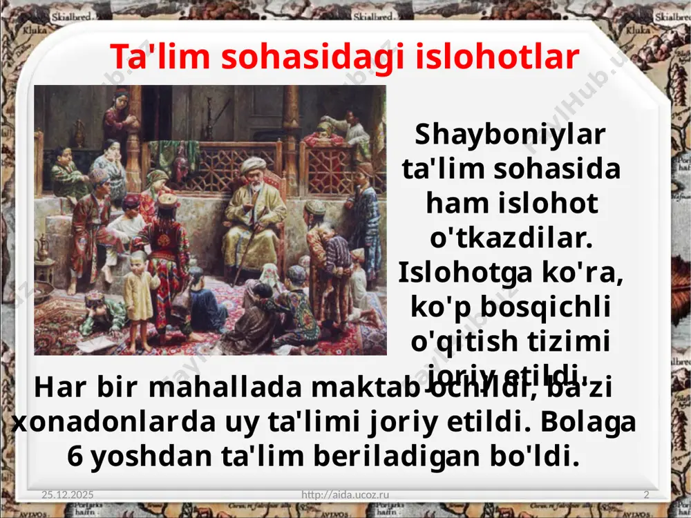 ivojlandi, ko'plab tarixiy asarlar yozilgan. kamoliddin binoiy, mulla shodiy, muhammad solih, fazlulloh ibn ro'zbexon isfaxoniylar shayboniyxon topshirig'i bilan har qaysisi shayboniyxonga atab alohida tarixiy asarlar yozganlar. 22.06.2020 http://aida.ucoz.ru 8 hofiz ko'hakiy (sulton muhammad hofiz toshkandiy) ulug'bek mirzoning shogirdi ali qushchining nabirasi bo'lib, shayboniylar davrining yetuk tarixchisi, mantiq, fiqh, kalom ilmlari olimi bo'lgan. 22.06.2020 http://aida.ucoz.ru 9 hofiz ko'hakiy adabiyot. 22.06.2020 http://aida.ucoz.ru 10 shayboniyxonning o'zi ham umri jang-u jadallarda o'tishiga qaramay, she'riyat va tarix fani bilan shug'ullanishga vaqt topgan. uning she'riy devon tuzgani ma'lum. u hatto xattotlik bilan ham shug'ullangan. o'zbekiston fanlar akademiyasi abu rayhon beruniy nomidagi sharqshunoslik instituti kutubxonasida (tartib raqami 844) kamoliddin binoniy qalamiga mansub «shayboniynoma» asarining shayboniyxon ko'chirgan nusxasi saqlanadi. 22.06.2020 http://aida.ucoz.ru 11 me'morchilik. 22.06.2020 http://aida.ucoz.ru 12 1535-1536-yillarda qurilgan mir arab madrasasi, 1540-1541-yillarda bino qilingan masjidi kalon, 1549-yili abdulazizxon qurdirgan koshinli xonaqoh, 1559-yili qurilgan toqi zargaron, toqi sarrofon, toqi kitobfurushon, karmanadagi hazrati qosimshayx xonaqohi, buxoroga kelgan ingliz elchisi antoniy …
