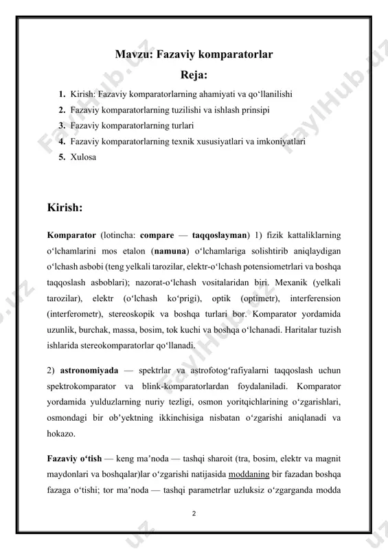 uchun gazsimon holatdan suyuqlikka va suyuqlikdan qattiq holatga oʻtishda zichlik qiymati keskin oʻzgaradi. fazaviy oʻtish sodir boʻladigan tra, bosim yoki b. fizik kattaliklarning qiymatini faza oʻtishi nuqtasi deyiladi. i tur va ii tur fazaviy oʻtish mavjud. moddaning bir fazadan ikkinchp fazaga utishi issikdik yutilishi yoki ajralib chiqishi bilan sodir boʻlsa, bunday oʻtishlar birinchi tur fazaviy oʻtish deb ataladi. erish va qotish, bugʻlanish va kondensatlanish, moddalarning polimorf almashinishlari, magnit maydonida sof oʻta oʻtkazgichning normal holatiga oʻtishi i turdagi fazaviy oʻtishlarga misoldir. agar fazaviy oʻtishda issiqlik miqdori yutilmasa yoki ajralib chiqmasa, bunday oʻtishlar ii tur fazaviy oʻtish deb ataladi. ikkinchi tur fazaviy oʻtishga quyidagi misolni keltirish mumkin: geliy gazsimon, qattiq va ikki xil suyuq fazada boʻladi. agar gazsimon holatdagi geliyni bosimi bir atm bosimiga teng boʻlgan sharoitda sovitib, temperatura 4,2 k ga yetkazilsa, u gazsimon holatdan suyuq holatga oʻtadi. temperatura yana pasaya borib, 2,17 k ga teng boʻlganida esa geliy birinchi suyuq …