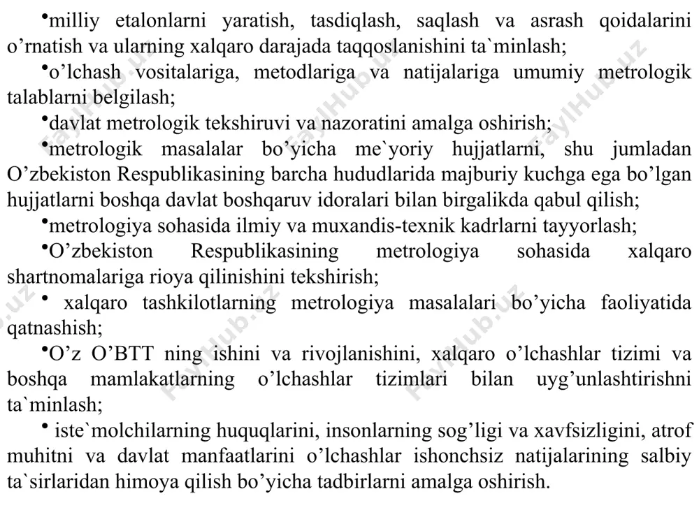 larni bajarish.. davlat metrologiya tekshiruvi va nazorati qonunchilikka muvofiq faoliyatning boshqa sohalariga nisbatan ham qo‘llanilishi mumkin. mustaqil ta’lim topshirig’i 1. metrologik xizmat va ta’minot 2. metrologik tekshiruv va nazoratni o’rganish foydalanilgan adаbiyotlаr 1. ismatullaev p.r., matyakubova p.m., turaev sh.a. metrologiya, standartlashtirish va sertifikatlashtirish. darslik. “lisson-press”, toshkent, 2014. -423b. 2. ismatullaev p.r., kodirova sh.a. metrologiya asoslari. o’quv qo’llanma. toshkent, “tafakkur” nashriyoti 2012. -304 b 3. www.ziyonet.uz e’tiboringiz uchun rahmat image1.png image2.png image3.jpeg /docprops/thumbnail.jpeg