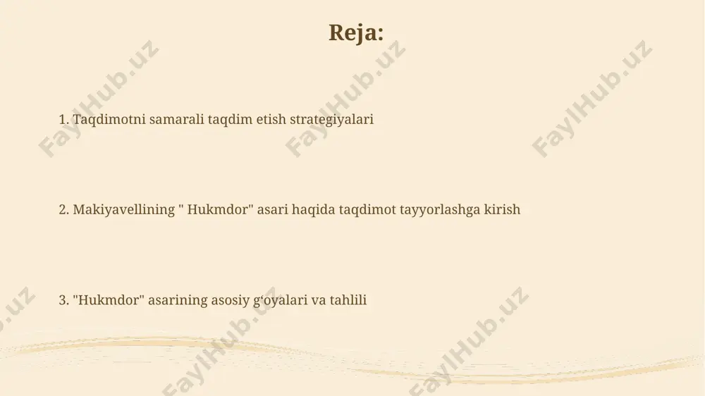 fikringizni, etika va pragmatizm nuqtai nazaridan bayon qiling. quvvatni qoʻlga kiritish va saqlash strategiyalari "the prince"da hukmdorning shaxsiy fazilatlari (masalan, shafqatsizlik, ayyorlik) va siyosiy mahorati (masalan, fitna, manipulyatsiya) o'rtasidagi muvozanatni saqlash, 5 dan 1 gacha nisbatda, davlatni mustahkamlash uchun kalit deb ko'rsatilgan. machiavelli "the prince" asarida hukmdorning qudratini mustahkamlash uchun 3 ta asosiy strategiyani – qoʻshinni mustahkamlash (30% armiya, 70% ittifoqchilar), xalqni nazorat qilish (50% qoʻrquv, 50% hurmat) va diplomatiyani qoʻllash (100% aldash, 0% sodiqlik) –ni ta’kidlaydi. shaxsiy fazilatlar va siyosiy maqsadlar asarda 3 ta asosiy siyosiy maqsad – hukumatni mustahkamlash, hududni kengaytirish va xalqni birlashtirish ko'rsatiladi, ular shaxsiy fazilatlarga qaraganda muhimroq deb baholanadi. «sulton»dagi tahlillarda odamlarning 5 ta asosiy xususiyati – saxovat, shafqat, rostgo'ylik, vafodorlik va dindorlik siyosiy maqsadlarga erishishda to'siq bo'lishi mumkinligi aytiladi. e'tiboringiz uchun rahmat @taqdimot_robot image2.jpg image3.jpg image4.jpg image5.jpg image6.jpg image7.jpg image8.jpg