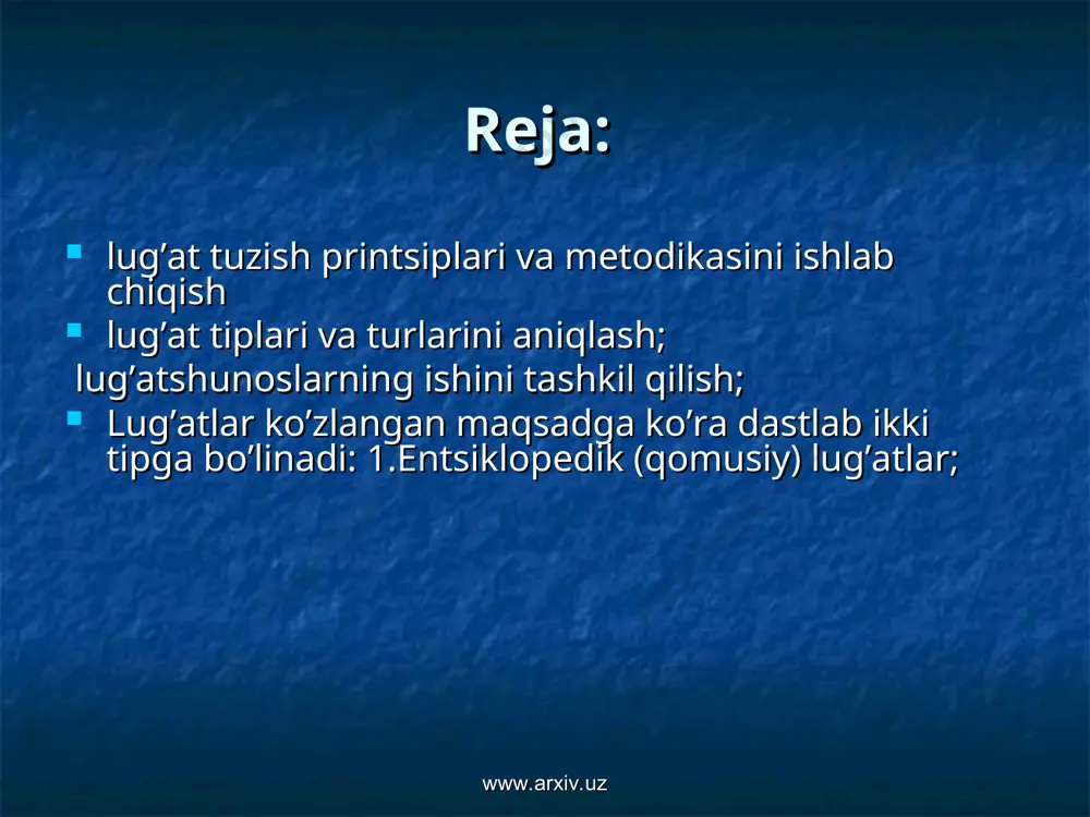 lug’atlarga bo’linadi. u m u m i y l u g’ a t l a r d a umumtil birliklari, ularning ma’nolari va qo’llanish xususiyatlari izohlanadi. bunday lug’atlar bir tilli, ikki tilli, ko’p tilli, izohli, izohsiz bo’lishi mumkin. "o’zbek tilining izohli lug’ati" (ikki tomli, 1981 y.), "o’zbekcha-ruscha lug’at" (1959), "ruscha-o’zbekcha lug’at" (besh tomli, 1950-1955) va boshqalar shular jumlasidandir. www.arxiv.uz www.arxiv.uz x u s u s i y (m a x s u s) l u g’ a t l a r d a tilning lug’at boyligidagi birliklar ma’lum sohalar bo’yicha yoki shu tildagi ma’lum mikrosistemalar, guruhlar bo’yicha tanlab izohlanadi. "ruscha-o’zbekcha fizik terminlar lug’ati" (m.d.yagudev, r.x.mallin, 1952), "ruscha-o’zbekcha matematik terminlar lug’ati" (m.sobirov, 1952), "o’zbek tili sinonimlarining izohli lug’ati" (a.hojiev, 1974), "lingvistik terminlarning izohli lug’ati" (a.hojiev, 1985), "o’zbek tilining izohli frazeologik lug’ati" (sh.rahmatullaev, 1978), "imlo lug’ati" (olim usmon, 1949), "o’zbek tilining imlo lug’ati" (s.ibrohimov, e.begmatov, a.a.ahmedov, 1976), "o’zbek ismlari" (e.begmatov, 1991), "o’zbek …