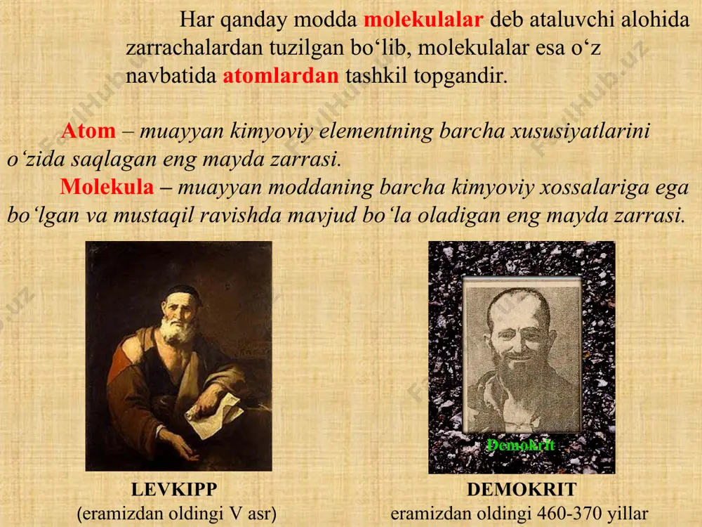 molekulyar fizikada sistema holatini xarakterlaydigan asosiy parametrlar – bu bosim p, hajm v va temperatura t. bosim p, pa (paskal) – birlik yuzaga normal ta’sir etadigan kuchga son jihatdan teng bo‘lgan kattalik. bosimning boshqa birliklari ham ishlatiladi: 2. mendeleyev-klapeyron tenglamasi gazning hajmi har doim gaz egallagan idishning hajmiga teng. hajmning boshqa birligi ham ishlatiladi: temperatura t, k (kelvin) – berilgan modda molekulalarining harakatlanish tezligini xarakterlaydi va jismning qizish daraja (energiya) sini belgilaydi. temperatura o‘lchovi jismning qizishida kengayishiga asoslangan. anders selsiy (1701-1744) temperatura shkalalari: selsiy shkalasi: 2. mendeleyev-klapeyron tenglamasi kelvin shkalasi (absolyut temperatura shkalasi): uilyam tomson (lord kelvin) (1824-1907) 2. mendeleyev-klapeyron tenglamasi gaz holatidagi moddaning xususiyatlarini tushuntirish uchun ideal gaz modeli ishlatiladi. ideal gaz deb, molekulalari moddiy nuqta va o‘zaro ta’sirlashmaydi deb faraz qilingan gazga aytiladi. mkn ning paydo bo‘lishidan oldin ideal gazlarning holatini tushuntiradigan qator eksperimental qonunlar yaratildi. 2. mendeleyev-klapeyron tenglamasi robert boyl (1627-1691) edm mariott (1620-1684) boyl-mariotta qonuni: berilgan …