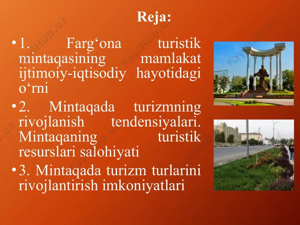 i bilan turizm sanoatini rivojlantirishga qaratilayotgan alohida e’tibor samarasida mamlakatimizning go‘zal tabiati, muqaddas qadamjolari, noyob me’moriy obidalari hamda fayzli go‘shalari dunyo ahlini tobora o‘ziga maftun etmoqda. mustahkam tinchlik va barqarorlik, o‘zaro mehr-oqibat, hamjihatlik muhiti, dunyoga mashhur o‘zbekona mehmondo‘stlik, shuningdek, zamonaviy mehmonxonalar va dam olish maskanlari, ularda ko‘rsatilayotgan yuksak sifatli xizmat turlari bu borada muhim omil bo‘layotir. ayni paytda yurtimizda sayyohlikning ekoturizm, geoturizm, ekstremal, tibbiy va madaniy yo‘nalishlari, otda, tuyada, avtomobilda sayohat qilish, alpinizm, baliq ovi, rafting kabi ko‘plab turlari rivojlanib bormoqda. azaldan mehmondo‘stlikni joyiga qo‘yib, ko‘pchilikka o‘rnak bo‘lgan xalqimiz istiqlol yillarida ana shu ajoyib fazilatini sayyohlik industriyasi, xizmat ko‘rsatish sohasini takomillashtirish orqali yanada yaqqolroq namoyon etayotir. bunda o‘zbekiston respublikasining “turizm to‘g‘risida”gi qonuni, prezidentimizning 2016 yil 2 dekabrdagi "o‘zbekiston respublikasining turizm sohasini jadal rivojlantirishni ta’minlash chora-tadbirlari to‘g‘risida"gi farmoni muhim dasturilamal bo‘lmoqda. farg‘ona viloyati tarixiy obidalari, tabarruk qadamjolari, zamonaviy inshootlari bilan sayyohlar e’tiborini tortmoqda. xususan, viloyat markazi, qadimiy qo‘qon, marg‘ilon shaharlari va …