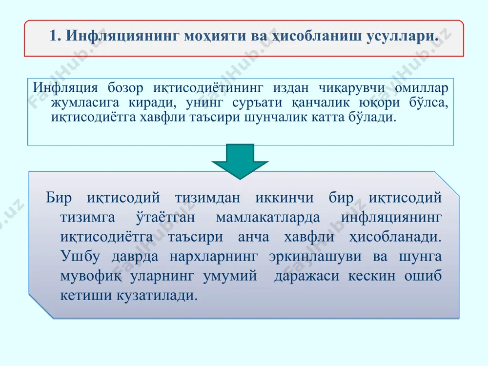 ларига кўра инфляциянинг қуйидаги турлари фарқланади: 2. инфляциянинг сабаблари ва турлари. меъёрдаги (ёки судралувчи) инфляция –нархларнинг умумий даражаси йилиги 10%гача ўсади; ўрмаловчи инфляция - нархларнинг умумий даражаси йилиги 10-100%га ўсади; юқори инфляция - нархларнинг умумий даражаси йилиги 100-1000%га ўсади; гиперинфляция - нархларнинг умумий даражаси йилиги 1000%дан юқори ўсади 2. инфляциянинг сабаблари ва турлари. намоён бўлиш шаклига кўра инфляция икки хил бўлади: кутилган инфляция – истиқболли ражаларни тузишда инобатга олинган инфляция суръатлари. инфляциянинг ушбу турига аҳоли олдиндан тайёргарлик кўради; кутилмаган инфляция – бу нархларнинг ўсиш суръатларини кутилган инфляция даражасидан юқори бўлишидир. 2. инфляциянинг сабаблари ва турлари. кутилган ва кутилмаган инфляцияларнинг фарқлари: инфляциянинг ижтимоий-иқтисодий оқибатлари: қайд этилган даромадга эга аҳолига қўшимча солиқ сифатида таъсир кўрсатади; кредиторларга салбий таъсир кўрсатади ва кредит муносабатларини қийинлаштиради; аҳолининг миллий валютани жамғаришга мойиллигини қисқартиради; мунтазам равишда тадбиркорларни ўз нархларини қайта кўриб чиқишга мажбур қилади; макроиқтисодий ҳолатнинг ёмонлашувига олиб келади. 3. инфляция ва ишсизлик ўртасидаги боғликлик. филлипс эгри …