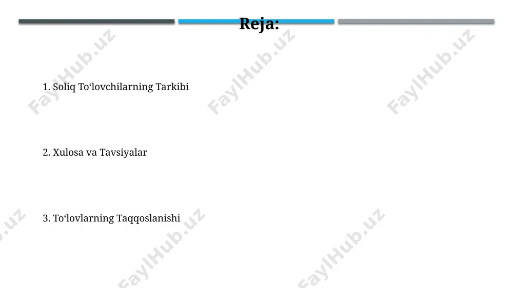 ch viloyatlar boʻyicha sezilarli darajada farqlanadi. mulkiy soliq toʻlovchilarning 30% dan ortigʻi 50 kvadrat metrdan kam maydonga ega uy-joy egalari boʻlib, ularning soliq yuklamasi ancha past. mulkiy soliq toʻlovchilarning tarkibi qishloq joylardagi mulk egalarining soliq toʻlovlari shaharlarga nisbatan ancha past boʻlib, oʻrtacha 150 000 soʻm atrofida, bu esa infratuzilma farqidan kelib chiqadi. mulkiy soliq toʻlovchilarning 70% dan ortigʻini jismoniy shaxslar, qolgan qismini esa yuridik shaxslar tashkil etadi, bu esa soliq bazasining katta qismini uy-joy egalari tashkil etishini koʻrsatadi. yer solig'i to'lovchilari yer solig'i to'lovchilarining qolgan 25 foizi turar-joy binolari egalaridan iborat bo'lib, ularning soliq to'lovlari yer uchastkasi maydoniga va joylashuviga qarab farq qiladi, o'rtacha 100 000 so'm atrofida. yer solig'i to'lovchilarining 60% dan ortig'i jismoniy shaxslar bo'lib, ularning aksariyati qishloq xo'jaligi yer uchastkalariga egalik qiladi va yillik soliq miqdori o'rtacha 50 000 so'mdan oshmaydi. mulkiy soliq yukining taqsimoti 2022 yilda mulkiy soliqdan tushgan umumiy daromadning 55% dan ortig'i qiymati 100 …