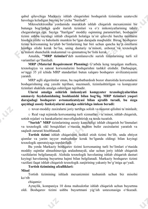 ko‘rsatish darajasini oshirishga imkon beradi, bu esa "o‘z vaqtida" yoki "partiyadan partiyaga"buyurtmalar bilan to‘ldiriladi. shunday qilib, drp bilan to‘ldirish jarayoni harakatlar ketma-ketligi bilan ifodalanishi mumkin: 1. sotish va sotib olishni bashorat qilish. o‘tgan davrlardagi sotuvlar to‘g‘risidagi statistik ma’lumotlarga asoslanib, oy, hafta, kun uchun yalpi ehtiyoj (yalpi ehtiyoj) prognozi shakllantiriladi. 2. ehtiyojlarni baholash. ushbu bosqichda zaxira tahlili amalga oshiriladi, ya’ni tarqatish bo‘g‘ini omborida tovar birliklarining mavjudligi to‘g‘risidagi ma’lumotlarni ushbu ombordagi zaxiralarning minimal darajasi to‘g‘risidagi ma’lumotlar va yetkazib berish buyurtmalari to‘g‘risidagi ma’lumotlar bilan tekshiriladi. keyin sof ehtiyoj (sof ehtiyoj) hisoblab chiqiladi, bu naqd zaxiralarni hisobga olmaganda yalpi ehtiyoj prognozi sifatida aniqlanadi. rejalashtirilgan yetkazib berish buyurtmasini tasdiqlash. buyurtmada mahsulot to‘g‘risidagi ma’lumotlar ko‘rsatiladi: yetkazib beruvchi, saqlash joyi, yetkazib berish muddati, soliq solish xususiyatlari, yetkazib berish variantlari, tovarlarning xususiyatlari, tovar birliklari soni va boshqalar. 3. ishlab chiqarishdagi moddiy oqimlarni boshqarish tizimi ichki ishlab chiqarish logistika tizimlari doirasida moddiy oqimlarni boshqarishda ikkita asosiy usul qo‘llaniladi: surish …