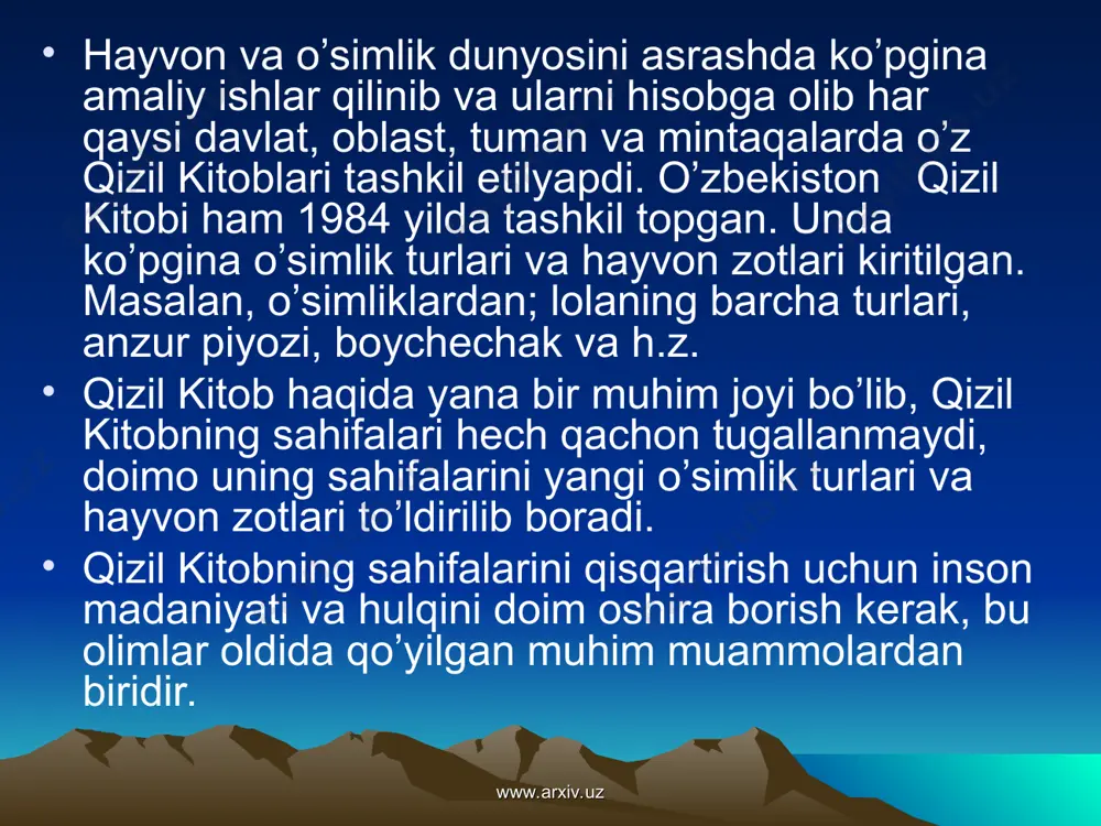 tkazilgan zarar insonning o’ziga qaratilgan zarardir. texnika va ilmiy taraqqiyotning rivojlanishi insonning tevarak atrofga bo’lgan ta'sirini kuchaytirdi, bu esa hayvon va o’simlik dunyosining qashshoqlanishiga olib keldi. bizning bu xatolarimizni kelajak avlod kechirarmikan? yo’q. bizdan oldingi qadimgi avlodlarimiz flora va fauna dunyosini tarixiy va madaniy yodgorliklarni shafqatsizlarcha qirishgan, qaysikim, cndi ular haqida biz faqatgina rasmlar, qo’lyozmalar, arxeologik topilmalar orqali bilamiz. lekin bu bilan biz ularni qattiq qoralay ham olmaymiz, chunki ularning ongi- bilimlari yetarli darajada emas edi. ammo bizning zamonamiz insonlarini kelajak avlod kechirmaydi-sababi, biz ixtisoslashgan, takomillashgan va mukammal insonlardirmiz. www.arxiv.uz www.arxiv.uz tabiat o’zining go’zalligi bilan o’ziga insonoyatni jalb etadi. har bir kishini maftunkor toğlarni qoplab turgan doimiy muzlar, ulardagi xushbo’y gullar, dorivor o’simliklar, hayvon turiari, toza havo, sho’x sharsharalari, muz chuqqilari, qoyalari bilan rom etadi. bularning hammasidan zavq. olish kerak, har bir narsaning o’z qadriga etish,tabiatdagi mujazgina bir jonli mavjudotni ham asray-avaylash lozim. lekin insonlar bularning qadriga etish, zavq olish …