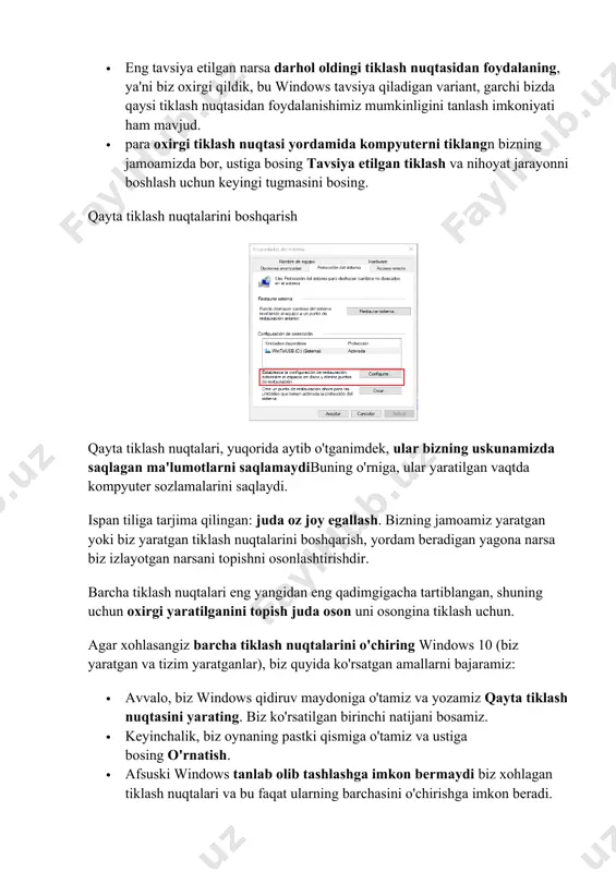 afsuski windows tanlab olib tashlashga imkon bermaydi biz xohlagan tiklash nuqtalari va bu faqat ularning barchasini o'chirishga imkon beradi. · barcha windows tiklash nuqtalarini o'chirish uchun ustiga bosing o'chir. qayta tiklash nuqtalarini avtomatik yaratishni yoqing biz qilishimiz kerak bo'lgan birinchi narsa, agar biz avvalgi tiklash nuqtasiga qayta tiklamoqchi bo'lsak, shubhasiz, kompyuterimizni shunday sozlashimiz kerak: vaqti-vaqti bilan ushbu turdagi zaxirani amalga oshiring. agar yo'q bo'lsa, biz hech qachon windows-ni oldingi zaxiraga tiklay olmaymiz va qolgan yagona yechim windows 10 ni noldan qayta o'rnating. windows 10-da mavjud tiklash nuqtalarini yaratishga imkon beruvchi funktsiyani tabiiy ravishda faollashtirdi. shu tarzda, har safar windows yangilanishini o'rnatganimizda, tiklash nuqtasi yaratiladi. ba'zan, windows yangilanishlari kompyuterning ishlashiga ta'sir qiladishunday qilib, tizim o'rnatishni orqaga qaytarish uchun avtomatik ravishda tiklash nuqtalarini yaratadi. bu nuqtalar ular biz kompyuterga o'rnatadigan barcha ilovalar bilan yaratilmaydiilovalar odatda kompyuterning ishlashiga ta'sir qilmaydi yoki kerak emas, lekin dasturni o'rnatishdan oldin yangi tiklash nuqtasini yaratish hech qachon …