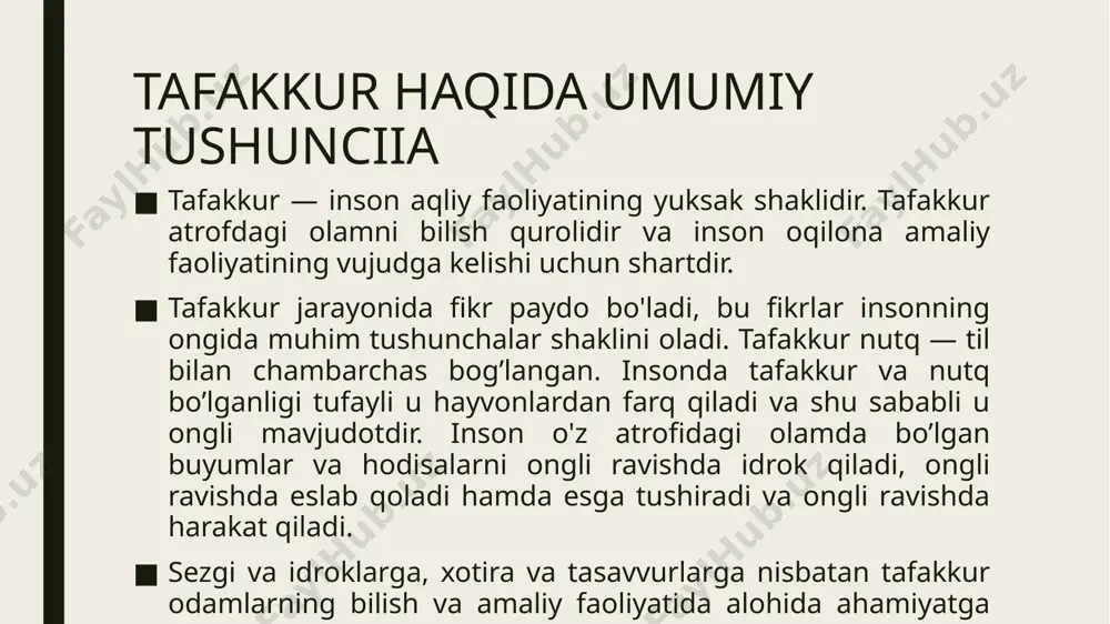 tafakkur vositasi bilan bilib olamiz. bizga ma’lumki, agar yorug’lik nuri shisha prizma orqali o'tkazilsa, bu nur spel, ruing yetti mngiga ajralib ketadi, bu ranglami biz idrok qilamiz (ko'zimiz bila ko'ramiz), lekin fizikadan bizga, shu narsa ma’lumki, bu nurlardan bo’lak, yangi boshqa nurlar ham bor. bu nurlar, infraqizil va ultrabinafsha nurlar deb ataladi. bu nurlarni biz ko`rmaymiz, idrok qilmaymiz. bunday nurlarning borligi tafakkur yordami bilan kashf qilingan. tafakkur — voqelikning umumlashtirib aks ettirilishidir. biz ayrim­ayrim narsalarni va hodisalarni, masalan, alohida stolni yoki stulni idrok qilaimiz va tasavvur qilamiz, ammo umuman stol va stul to'g'risida, umu­man mebel va umuman narsa to'g'risida esa fikrtashimiz mumkin. umu­milash natijasida bir hukmning o'zida ayni vaqtda yakka bir narsa to'g’risidagina fikr qilib qolmasdan, balki, shu bilan birga narsalarning butun bir turkumi to'g'risida ham fikr yuritish mumkin.masalan, «o'zekistonning fuqarolari teng huquqlidirlar» degan hukmda ayrim bir kishi haqida fikr yuritmasdan, balki o'zbekistonning hamma fuqarolari haqida fikr yuritiladi. narsa yoki …