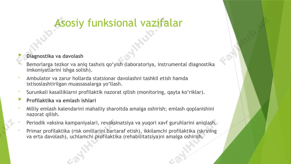 qat’iy tartib o‘rnatish. mehnat sharoitlarini yaxshilash ish joylarini shamollatish va dezinfeksiya qilish tizimini modernizatsiya qilish. ish smenalarini to‘g‘ri taqsimlash, dam olish vaqti hamda psixologik yengillikni ta’minlash. favqulodda vaziyatlarda tezkor yordam va sug‘urta tizimidan foydalanish imkoniyatini yaratish. psixologik qo‘llab-quvvatlash yuqumli kasalliklar davrida ortiqcha ruhiy bosim ostida ishlovchi tibbiyot xodimlari uchun psixologik maslahat xizmatlarini yo‘lga qo‘yish. stressni kamaytirishga qaratilgan treninglar va dam olish tadbirlarini tashkil etish. xulosa davolash-profilaktik muassasalarining asosiy vazifasi nafaqat bemorlarni davolash, balki kasalliklarning oldini olish va tibbiyot xodimlarining salomatligini muhofaza qilishdan iboratdir. yuqumli kasalliklarga qarshi kurashda zamonaviy yondashuvlar — tezkor tashxis qo‘yish, vaksinalar, antiviral dori vositalari va raqamli tibbiyot texnologiyalaridan foydalanish muhim ahamiyat kasb etmoqda. bunda tibbiyot xodimlarining xavfsiz mehnat sharoitlarini yaratish, ularni himoya vositalari, emlash va psixologik qo‘llab-quvvatlash bilan ta’minlash katta rol o‘ynaydi. zero, tibbiyot xodimlari sog‘lom bo‘lmasa, bemorlarga sifatli yordam ko‘rsatish imkoni bo‘lmaydi. image1.png image2.png image3.jpeg /docprops/thumbnail.jpeg