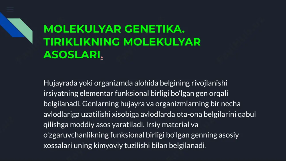 utun uzunasiga bir-biri bilan vodorod bog'lari yordamida bog'langan, spiralsimon o'ralgan qo'sh zanjirdan iborat. dnk nukleotidlardan iborat bo'lib, uning tarkibiga qand -dezoksiriboza, fosfat va azotli asoslardan - purin (adenin va guanin) xamda pirimidin (timin va sitozin) kiradi. dnkning har bir zanjiri polinukleotid bo'lib, u bir necha o'n ming hatto millionlab nukleotidlardan tashkil topgan rnk ning tuzilishi rnk - ribonuklein kislota dnk molekulasidan farqli ravishda, kichik o'lchamli bitta zanjirdan iborat polimerdir. rnkning monomeri ham nukleotidlar hisoblanadi va u qand-ribozadan, fosfat kislota qoldig'i va azotli asoslardan tashkil topgan. azotli asoslardan uchtasi dnkdagi kabi adenin, guanin, sitozin to'rtinchisi esa uratsil hisoblanadi. ribosomol rnk asosan yadrochada sintezlanadi va hujayrada barcha rnkning 85% ga yaqnini tashkil qiladi. ular ribosoma tarkibiga kiribribosomaning oqsil biosintezi jarayoni kechadigan faol markazining shakllanishidaishtirok etadi. nukleotidlar tilidan aminokislotalar tiliga axborotlar translyatsiyasini ta'minlovchi irnk va trnkning o'zaro ta'siri jarayoni ribosomalarda amalga oshadi, bular rrnk va xilma-xil oqsillarning murakkab kompleksi bo'lib yuzaga chiqadi. transport …