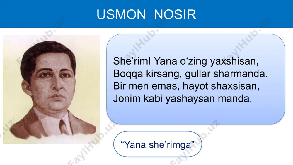 bilan yotqizilgan necha ming yo‘llar. “nil va rim” rim ustida shamsiyadek tumanli osmon katta sirkka sig‘ishmasdan qaynar olomon: tishlarini irjaytirib bo‘kirgan yo‘lbars to‘rt tarafga tashlanadi, talpinib lars-lars. och ko‘zlari qonga to‘lgan, sakrab o‘ynaydi... o, bechora, qoch! u seni tirik qo‘ymaydi! ana! ana, tirnog‘ini nishlab kelar u, changal soldi! xalq o‘rnidan birdan turdi duv... chapak chaldi. “ey, ahmoq rim, sevinma qonga! bundan boshqa xo‘rlik bormi, axir, insonga?” “nil va rim” mana menman, u isyonning o‘lmas avlodi, mana menman, u qullarning hech so‘nmas yodi. “nil va rim” kelajagim obidasin qurgan insonman! o‘sha jonman, o‘sha qonman va o‘sha shonman!!! 1. “yurak” she’rini yod oling. 2. a.oripovning “olomonga” she’ri­ni topib o‘qing. bu she’rdagi olomon bilan “nil va rim”da yo‘lbars changalida parchalangan gladiatorning o‘limiga chapak chalayotgan xalqni taqqoslang. 3. sizningcha, xalq qanday bo‘lishi kerak? fikringizni yozing. mustaqil bajarish uchun topshiriq: image1.jpeg image2.png image3.jpeg image4.png image5.png image6.png image7.png image8.png image9.jpeg image10.jpeg image11.jpeg image12.jpeg image13.jpeg image14.jpeg image15.jpeg …