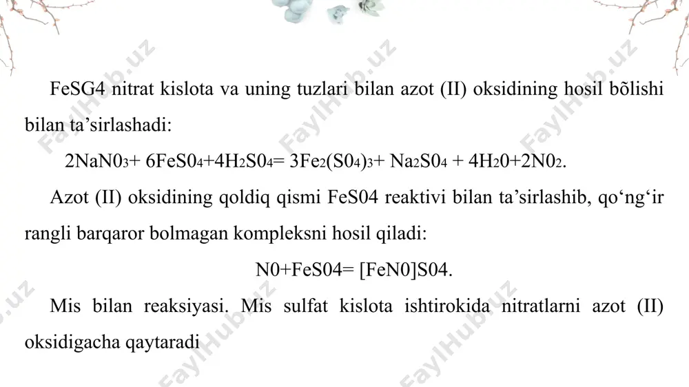 : sulfit ionini aniqlash reaktivlar: na₂so₃ eritmasi, hcl, kaliy permanganat (kmno₄) eritmasi.jarayon: sulfit kislotali muhitda so3 so2 co2​ gazini ajratadi. bu gaz kmno₄ bilan reaksiyaga kirishib uni rangsizlantiradi.kuzatuv: kmno₄’ning binafsha rangi yo‘qoladi. nitrilar bilan reaksiya suyultirilgan h2so4 va hattoki sirka kislotali sharoitda ham boradi.reaksiyaga so3,so2 va br ionlari xalaqit beradi 3-tajriba: sulfid ionini aniqlash reaktivlar: na₂s eritmasi, hcl, qo‘rg‘oshin(ii) nitrat (pb(no₃)₂).jarayon: sulfid kislotali muhitda h2s.gazini ajratadi. pb(no₃)₂ eritmasi qo‘shilganda qora cho‘kma hosil bo‘ladi.kuzatuv: qora rangli pbs cho‘kmasi hosil bo‘ladi.xulosa: qora cho‘kma sulfid ionining borligiga ishoradir. 4-tajriba: tiosulfat ionini aniqlash reaktivlar: na₂s₂o₃ eritmasi, hcl, yod eritmasi.jarayon: tiosulfat kislota ta’sirida parchalanib, oltingugurt ajraladi. yod eritmasi bilan reaksiyaga kirishganda rangsizlanadi.kuzatuv: eritma xiralashadi (kolloid oltingugurt hosil bo‘ladi), yodning rangi yo‘qoladi.xulosa: bu tiosulfat ionining borligini bildiradi. uchinchi guruh anionlari — fosfat (po₄³⁻), arsenat (aso₄³⁻), arsenit (aso₃³⁻), borat (bo₃³⁻) va metaborat (bo₂⁻) — o‘ziga xos sifat reaksiyalar orqali aniqlanadi. fosfat va arsenat ionlari amoniy molibdat bilan …