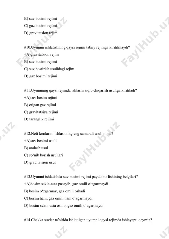 v haydashda haydaladigan va olinadigan quduqlar nisbati qancha? +a)1:2 b) 1:1 c) 2:1 d) 2:2 #22.qanday holatlarda qatlamga suv haydaladi? +a)qatlam bosimini saqlash maqsadida b) quduqni ishga tushirish uchun c) gaz omilini oshirish uchun d) suvlanganlik darajasini oshirish uchun #23.nima sababdan qatlamga haydaladigan suvga sirt faol moddalari qo‘shiladi? +a)neft va tog‘ jinsi yuzasida sirt taranglik kuchini pasaytirish uchun b) neft qovushqoq-ligini oshirish uchun c) neft qovushqoqligini pasaytirish uchun d) neft va gaz tutash yuzasida sirt taranglik kuchini pasaytirish uchun #24.qatlamga haydaladigan suvni tayyorlashda vodorod ioni konsentratsiyasi qancha bo‘lishi kerak? +a)7-8 b) 3-6 c) 5-8 d) 7-15 #25.qatlamga suv haydashda suvni tayyorlash uchun qo‘llaniladigan koagulyantlar nima maqsadda ishlatiladi? +a)o‘z og‘irlik kuchi bilan ajralmagan kichik qo‘shimchalarni ajratish b) suv tarkibidagi gazlarni ajratish c) suv tarkibidagi tuzlarni ajratish d) suv tarkibidagi vodorod ionlarini ajratish #26.suvni qatlamga haydash uchun tayyorlashda quvurni zanglashini oldini olish maqsadida qanday reagent qo‘llaniladi? +a)geksametafosfatnatriy b) deg c) unikol d) …